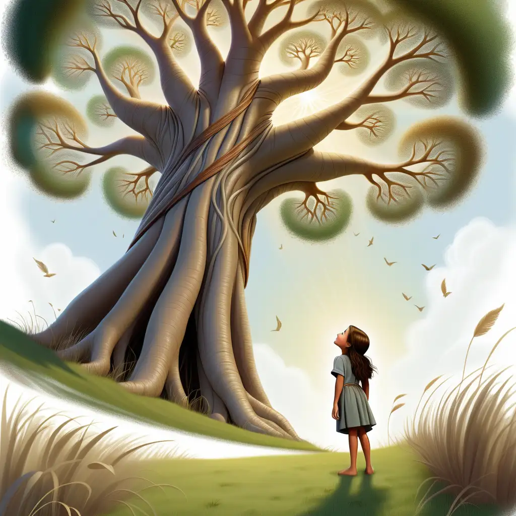 10 year-old girl who looks like Joslyn Arwen Reed, standing in the grass looking up at the tree of life, children's story book, illustration, on a white background