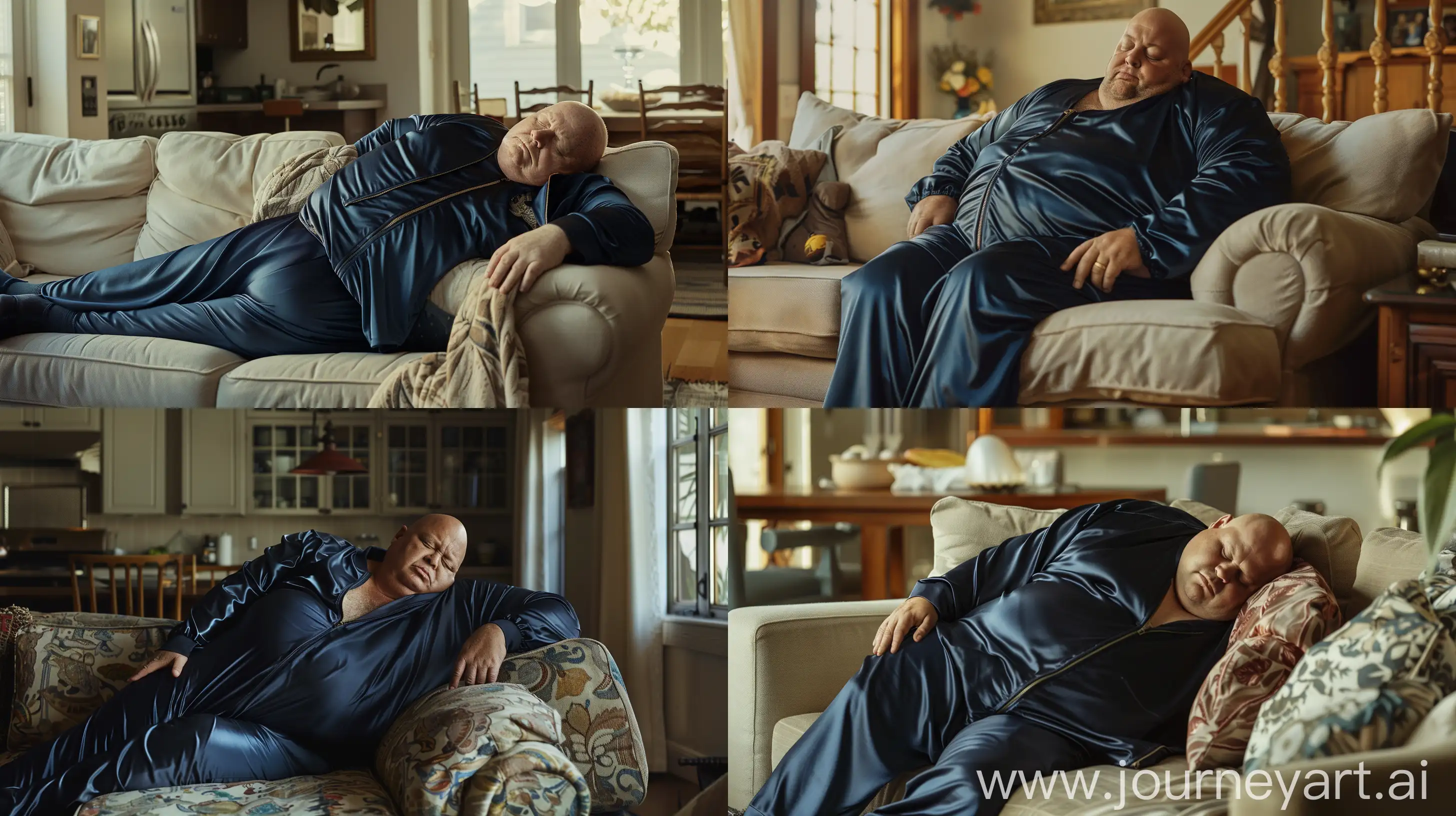 Full-body photo of a fat man aged 60 wearing a silk navy blue skinny-fitted tracksuit pants and jacket. Sleeping on a couch. Inside a living room. Bald. Clean Shaven. Natural light. --ar 16:9