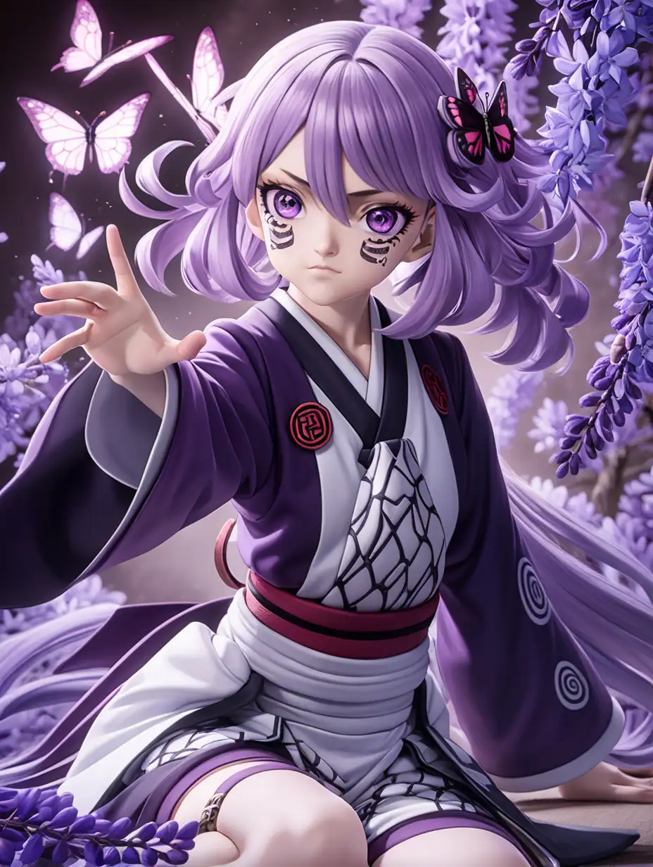 (cinematic lighting), Shinobu Kocho is a character in Demon Slayer: Kimetsu no yaiba specifically holding the position of the Insect Hashira, She is recognized for her graceful and elegant appearance, with striking purple eyes and long lavender hair, Shinobu often wears the traditional Demon Slayer uniform adorned with the butterfly insignia, signifying her role as the Insect Hashira, Shinobu is known for her deadly combat abilities. She employs a unique fighting style using Wisteria poison, which is lethal to demons, full body photo, kneel on the floor, intricate details, detailed face, detailed eyes, hyper realistic photography,
