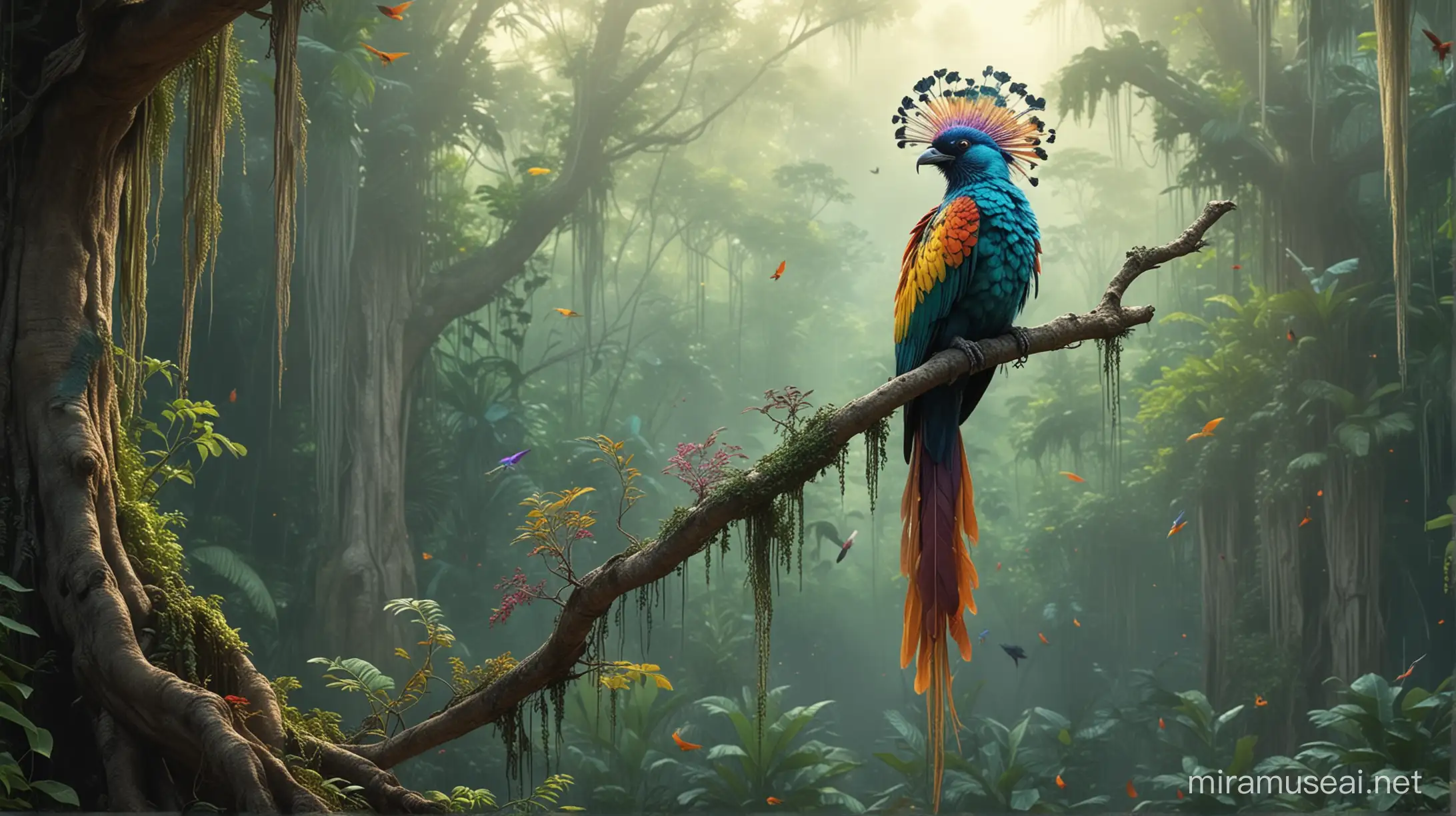 A single enchanting multicolored mystical bird with long tail feathers perching on top of a tall tree in the jungle, its songs have curative powers and its guano turns people into stone, fantasy, surrealism, cinematic