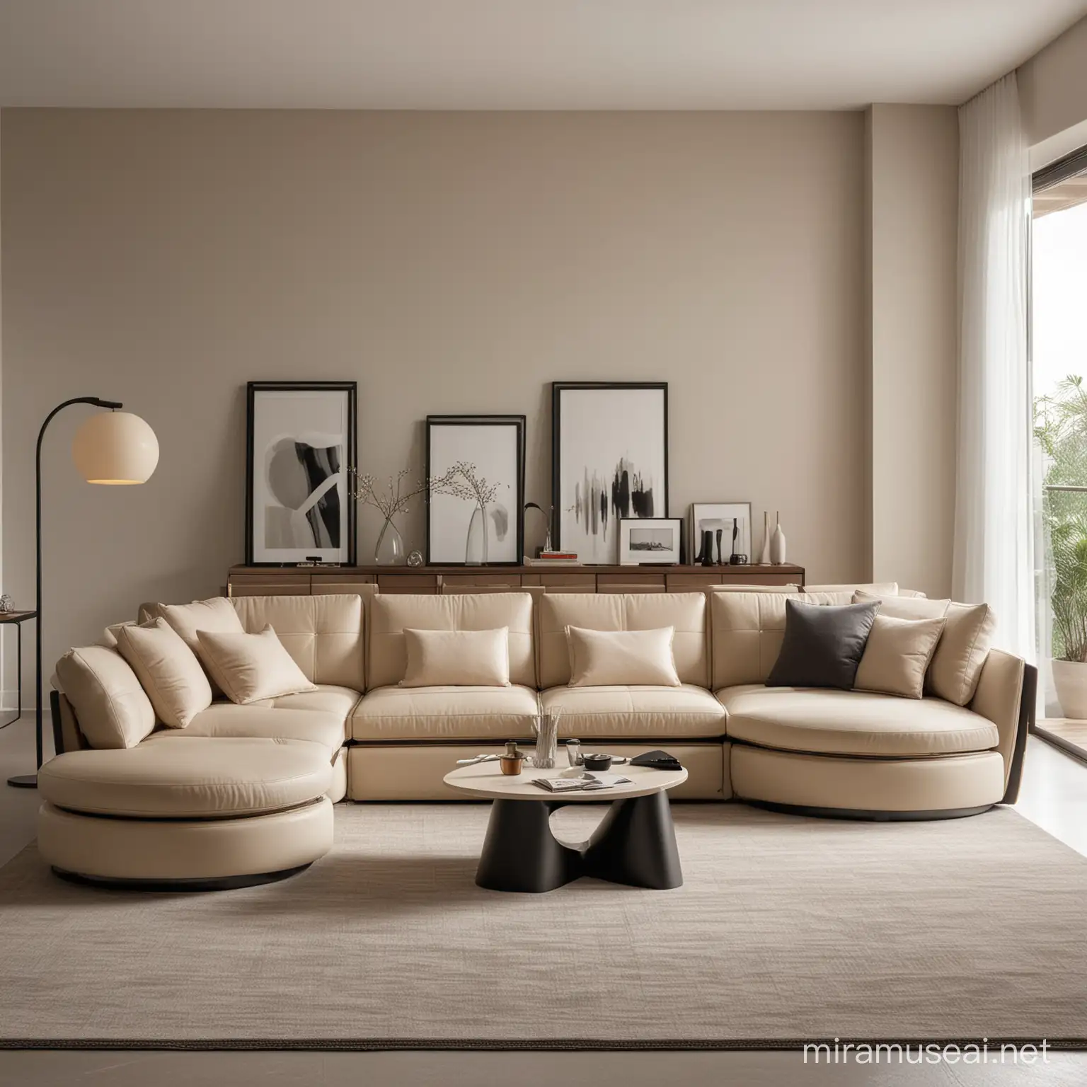 modern design, timeless lines, soft look, italian style, italian sofa, 4 seat,sectional, round sofa arm, minimalism,Small Space Living & Decorating Ideas, Hacks, and Solutions, famous designs,oval hatlara sahip,secret, foot height 12 cm,modular sofa,%2 wooden work,2024,side view,modern futuristic livingroom,Sıradışı modern tarzda geometrik Modüler parçalardan oluşan 4 kişilik kanepe sabitlenmiş veya ayrı modül olarak tasarlanmış kanepeye sabit laptop sehpası,aydınlatma lambası,usb girişi ve wireless şarj,kitaplık, bluetooth müzik sistemi olan çok amaçlı kullanılabilinen fonksiyonel ve luxury tarzda tasarlanmış geometrik hatlara sahip kanepe, açık haki ve antresit ile parlak siyah,kahverengi,iyi döşenmiş villada siyah ahşap işçiliği ile mükemmel tarzda tasarlanmış oturma gurubu olsun⁵