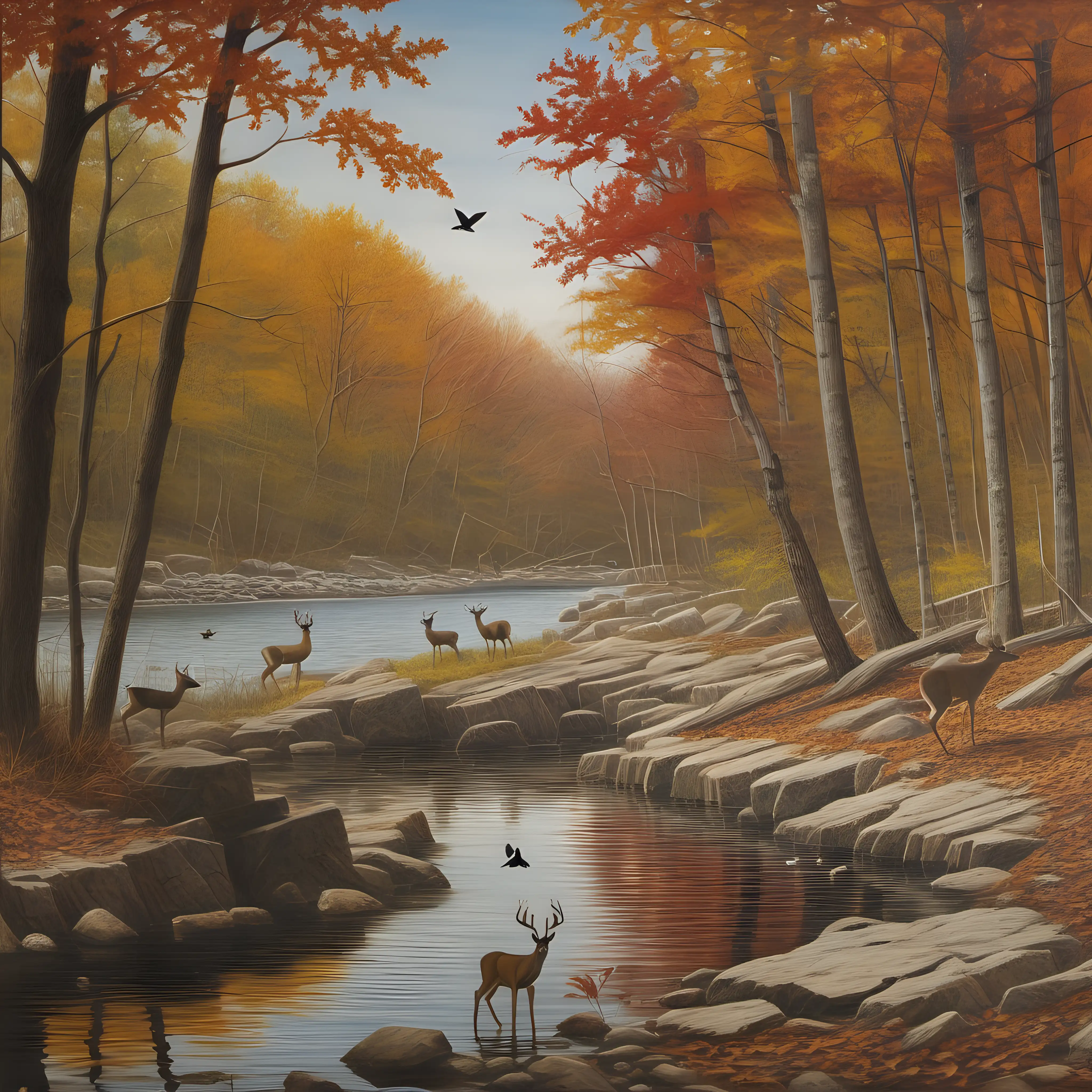 rocky creek shoreline in the woods; songbirds; deer drinking; autumn