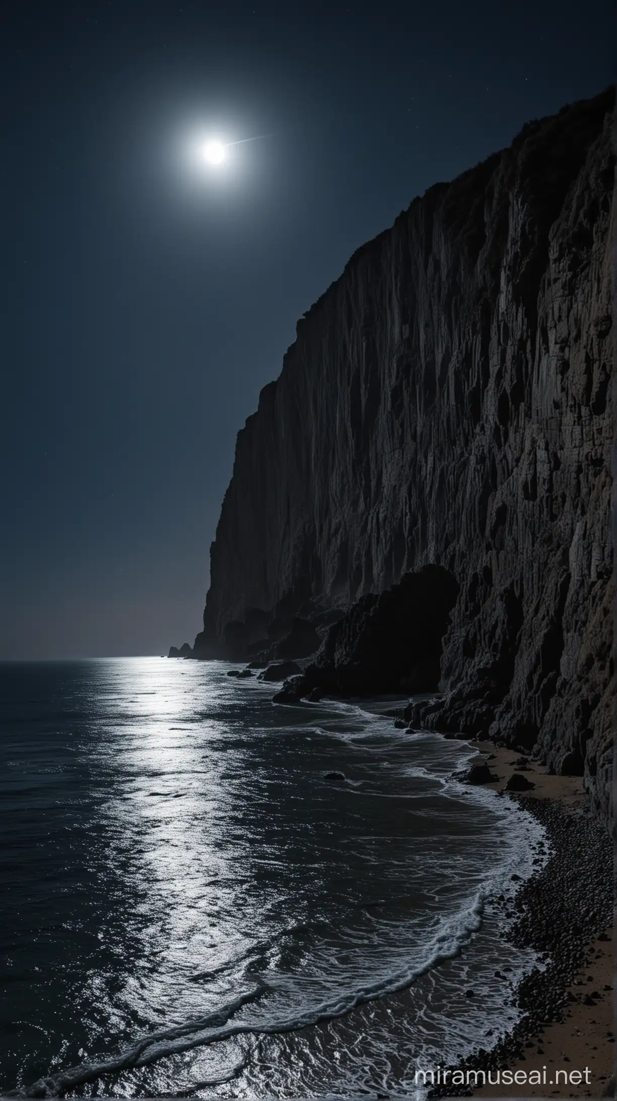 Обрыв берега, ночь, темно, ярко светит луна, 