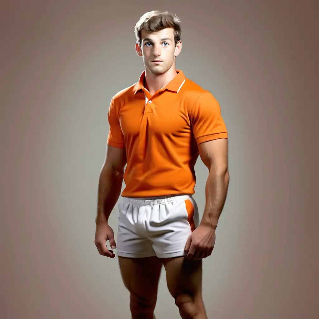Athletic Caucasian college male, white Rugby shorts, orange polo shirt or t-shirt, looking at the camera, full view