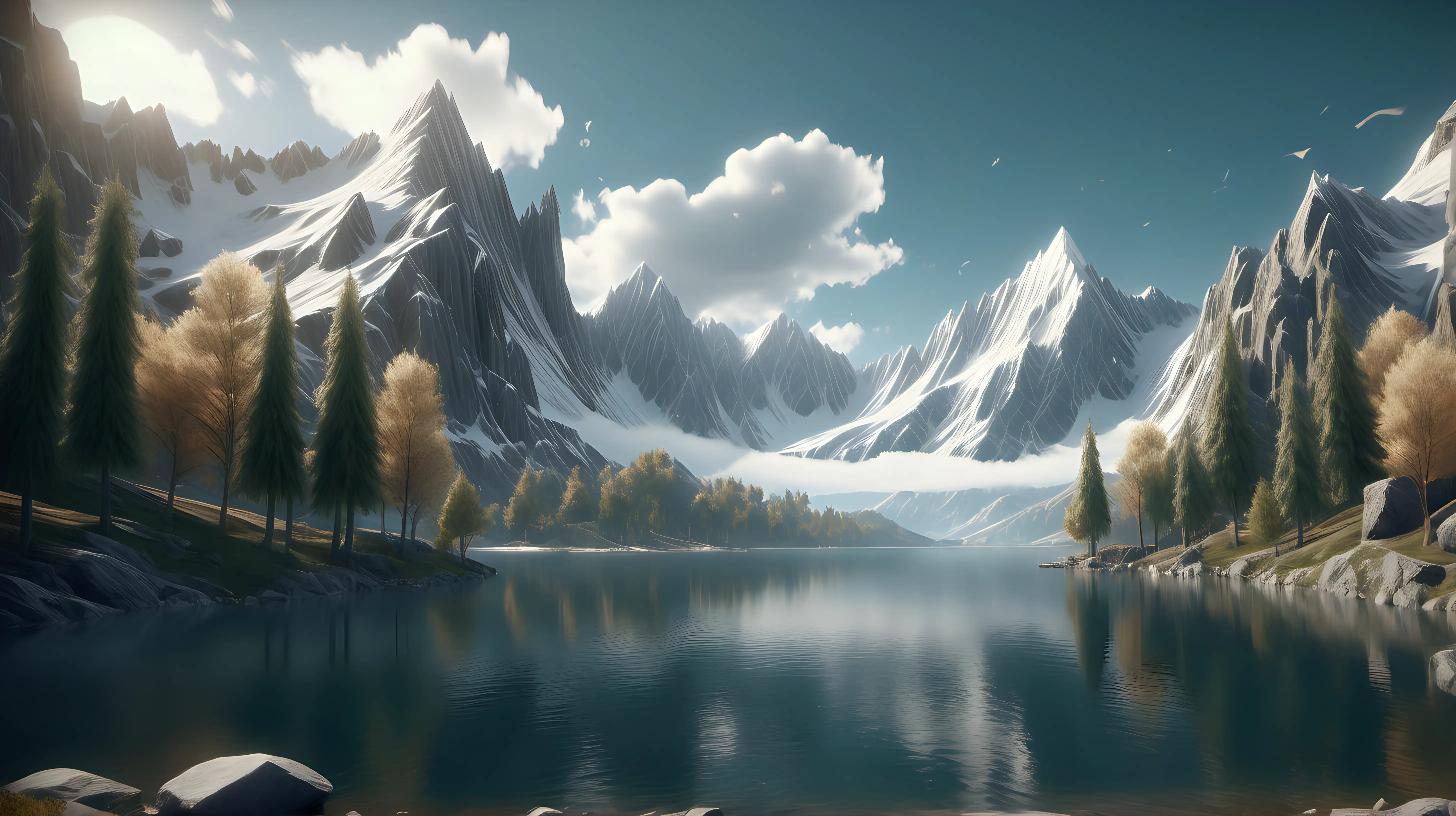crisp, high detailed, heaven, mountains, lake, trees,  background, light colors, high detail, painterly, moody,  unreal engine 8K render, highly detailed and intricate, hd
