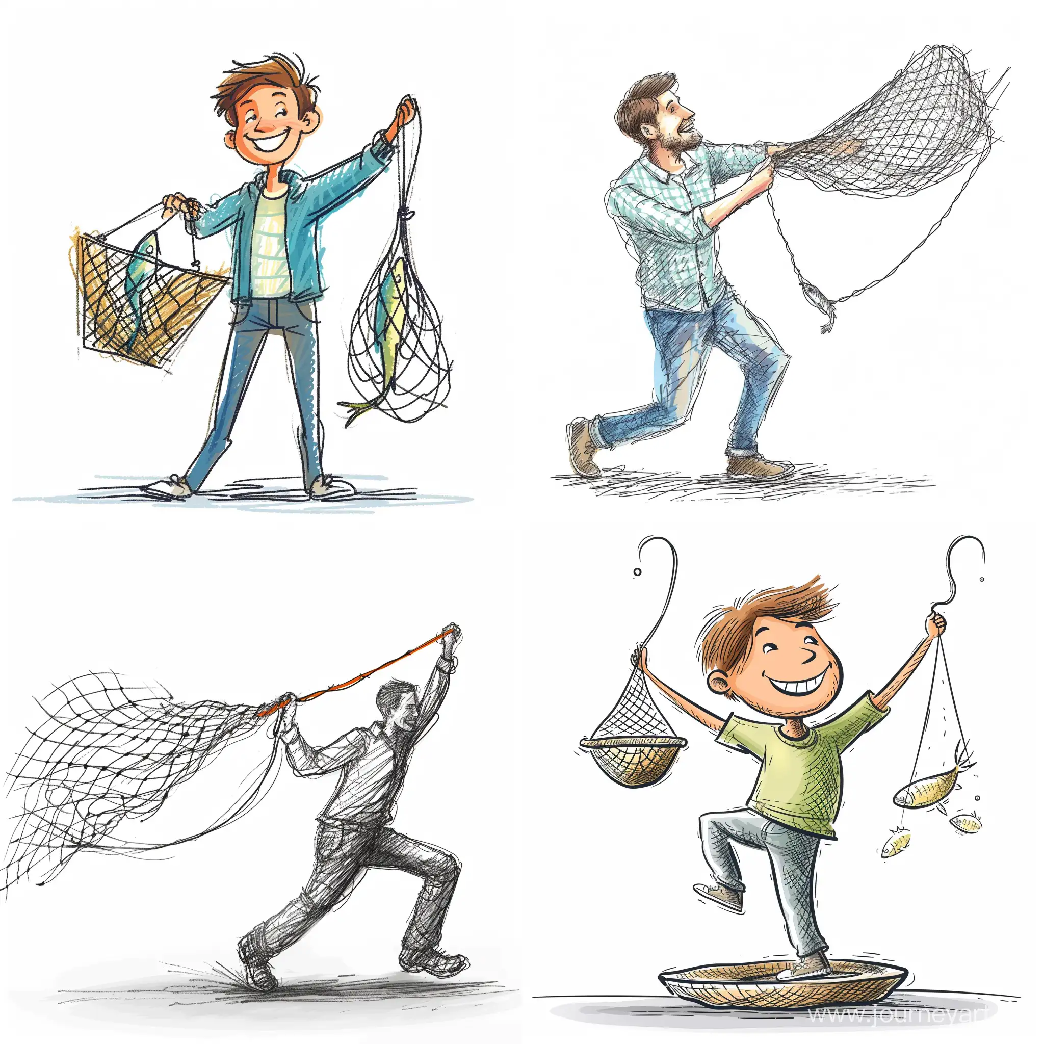 A happy young man who is skilled at selling attracting audiences and customers through a fishing net and earning profits, on white background chalk sketch style, white background. 