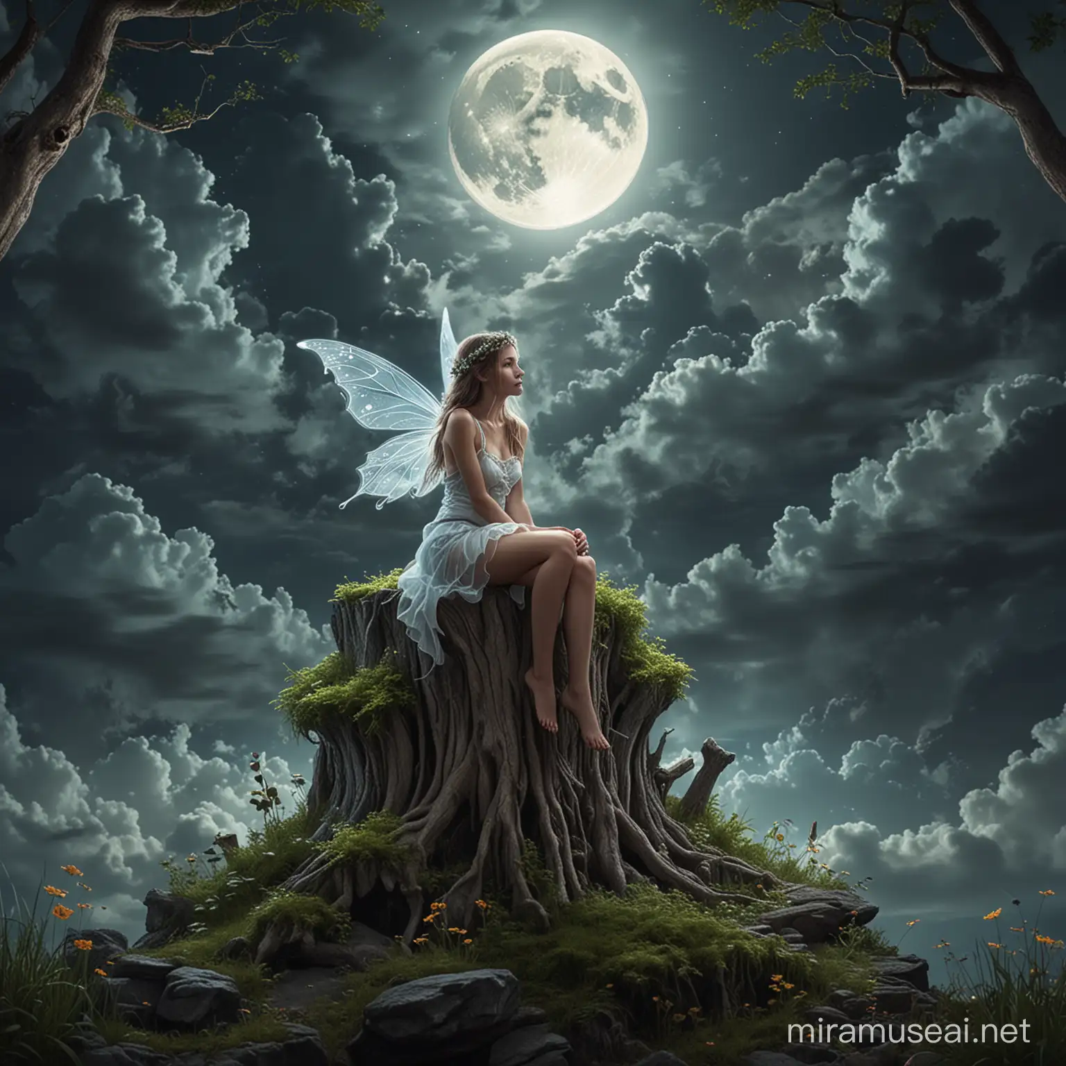 beutiful fairy, sitting on a tump, full moon, clouds, strange forest 