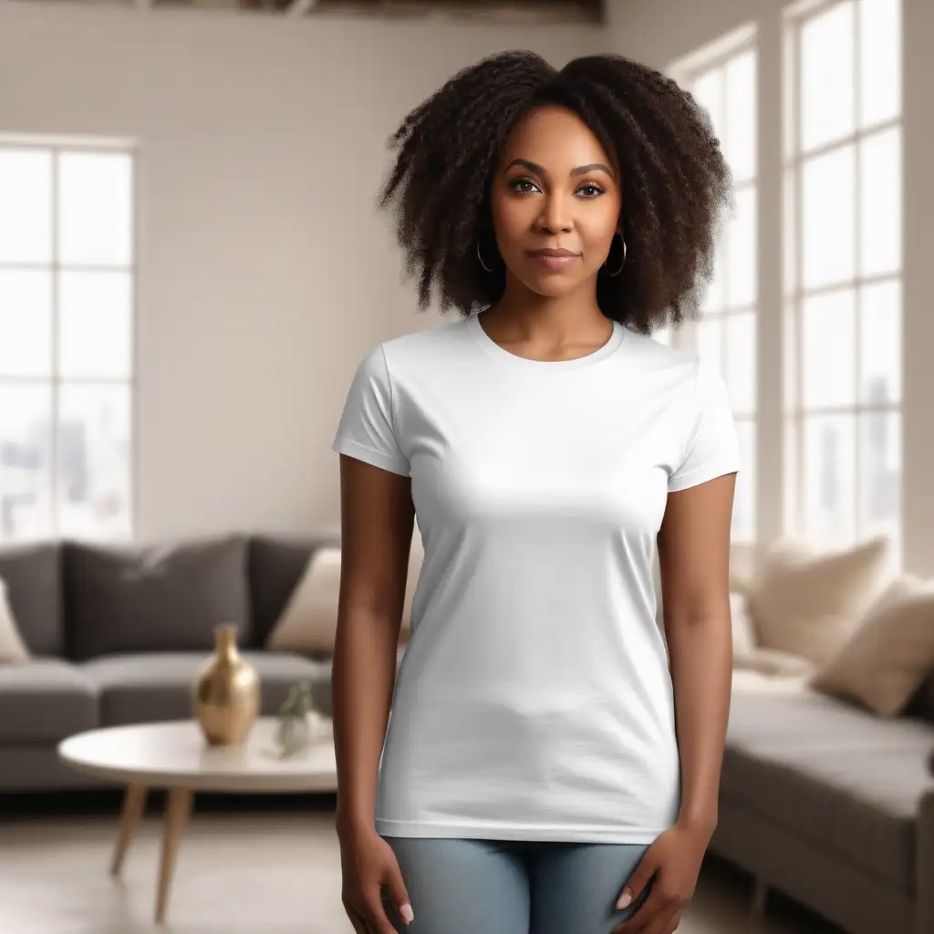 PLAIN white T-SHIRT, bella 3000 mock-up photo, older black woman ,t-shirt frontage for showcasing designs on. good lighting and styling.well-lit indoor room settings that are minimally furnished in the background
