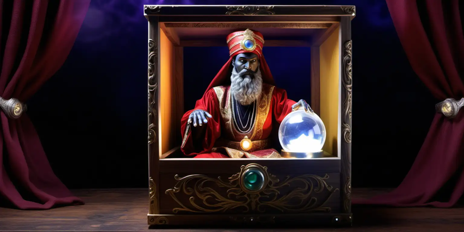Generate an image of a mystical Zoltar fortune teller, a bearded figure in elaborate attire, seated inside an ornate wooden box with windows draped in flowing curtains. Surround the fortune teller with magical artifacts, including a crystal ball, exuding an aura of mystery and wisdom