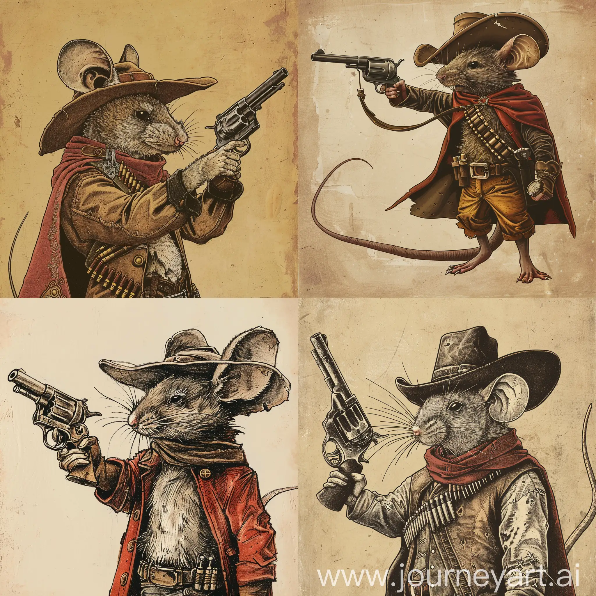 1970's dark fantasy book cover paper art dungeons and dragons style drawing of a mouse in fantasy gunslinger attire holding a revolver