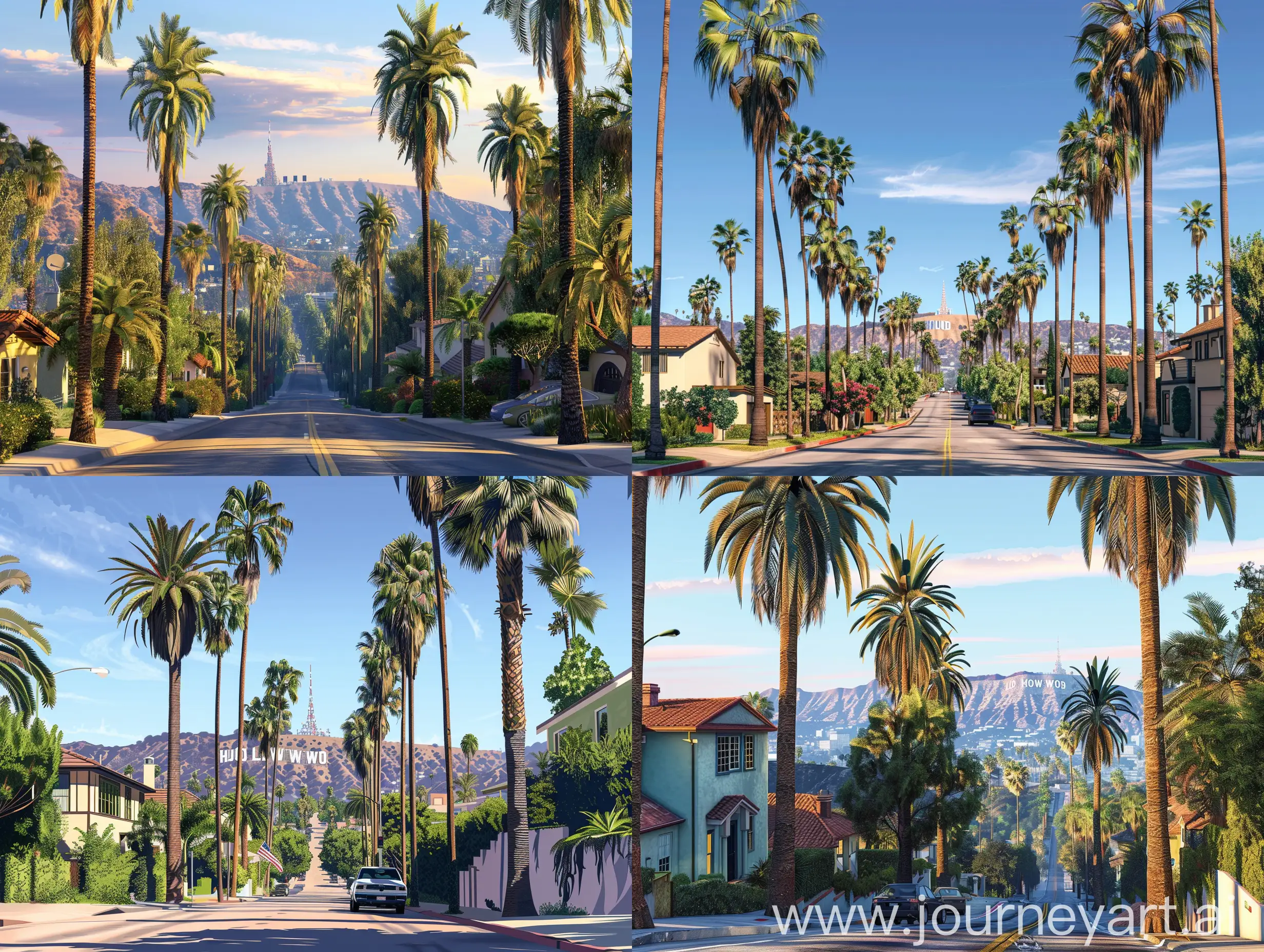 Los-Angeles-Palm-Tree-Street-with-Hollywood-View-and-Houses