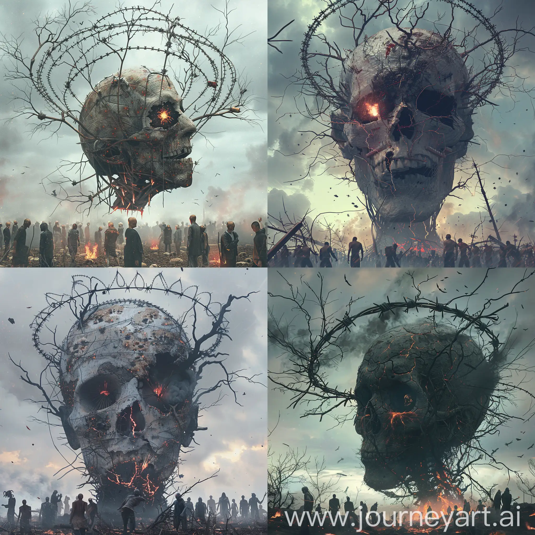 a huge human head in the sky, a halo of barbed wire and branches around the head, a head with a skull, black eyes with lava and blood, there are many people on the ground who worship the head, the atmosphere is gloomy, apocalypse, epic sky, hyper-realism, 8K image quality, ultra detail 