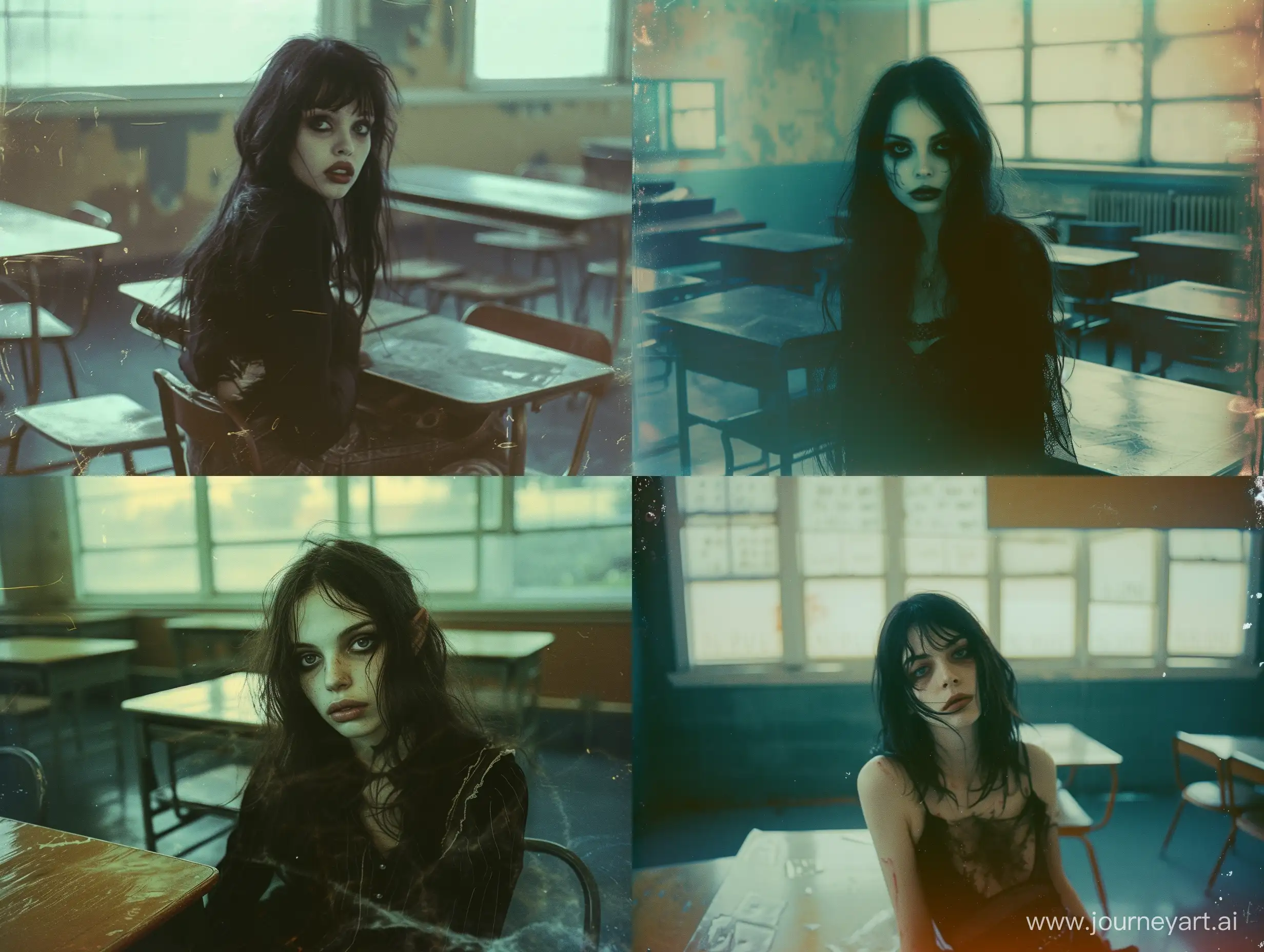 a vampire woman sitting inside a classroom, photography taken on a disposable camera, natural lighting, looking at the viewer, documentary photography, naturalism, noise photo effect, vibrant photo, heavy metal, rock, horror, heavy rock, close up, disturbing, pose, cover art album,

