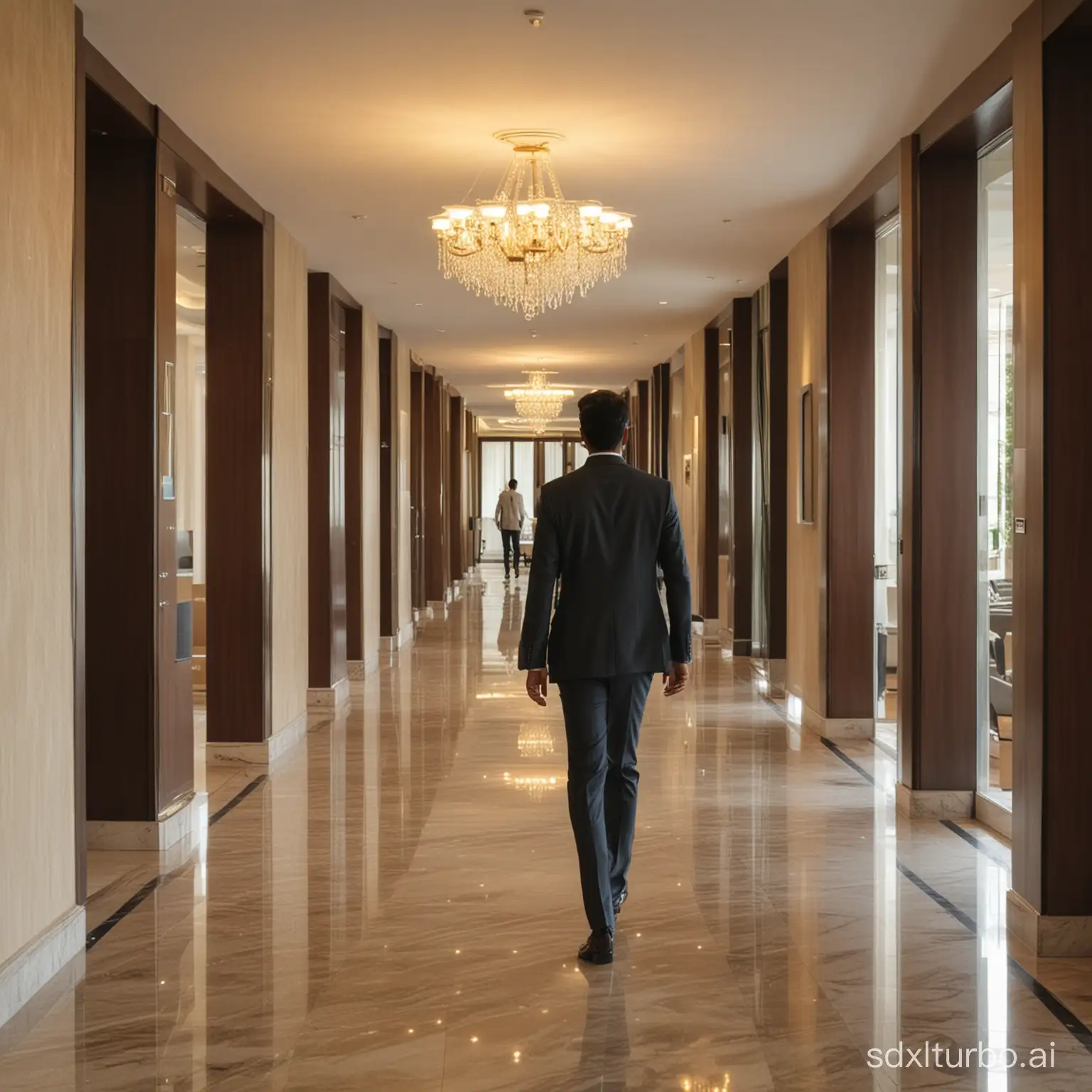 a highclass  a young man walking out in fivestar hotel. wide view. indian