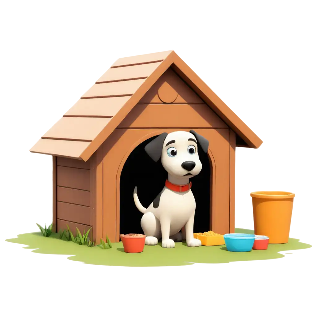 dog in dog house with food and water cartoon type



