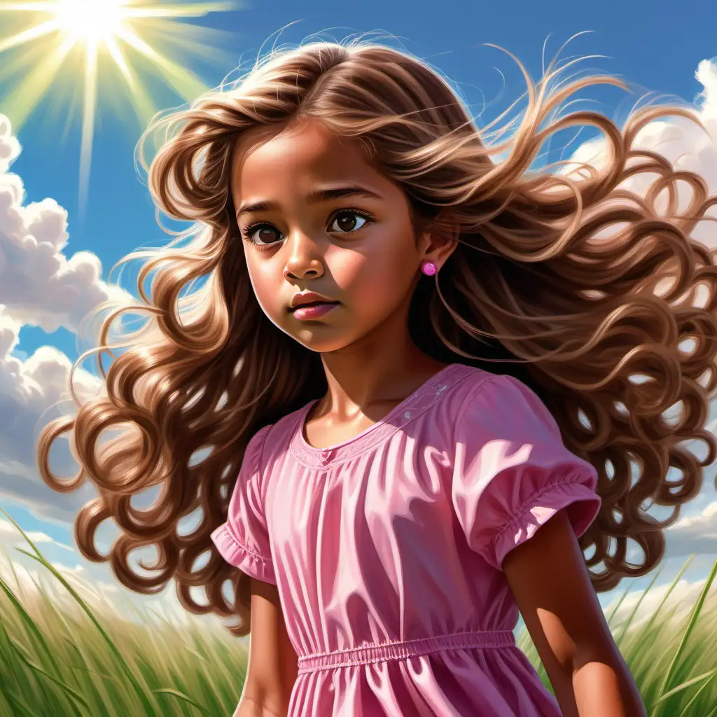Flat art, children's book, cute, 7 year old girl, tan skin, light hazel head down,concerned expression, looking at grass, big long tight curl hair brown hair, beautiful, pink and brown dress, sun rays. close up portrait, green nature, tall grass swaying, blue sky, clouds,  small stud earrings