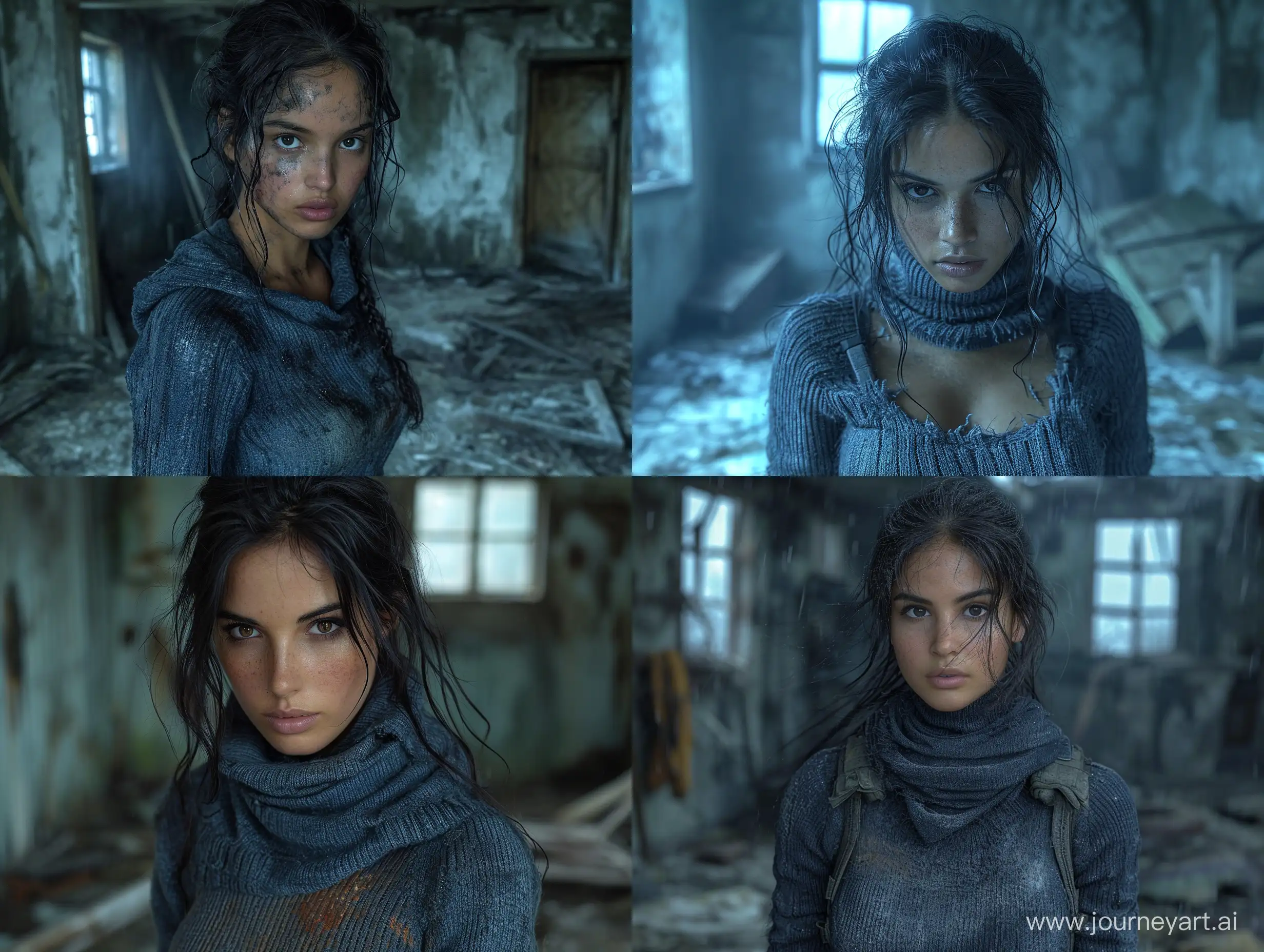 beautiful dark skin female Sheva Alomar in S.T.A.L.K.E.R as mercenary in darkblue tactical sweater dark abandoned room --s 999 --style raw --v 6