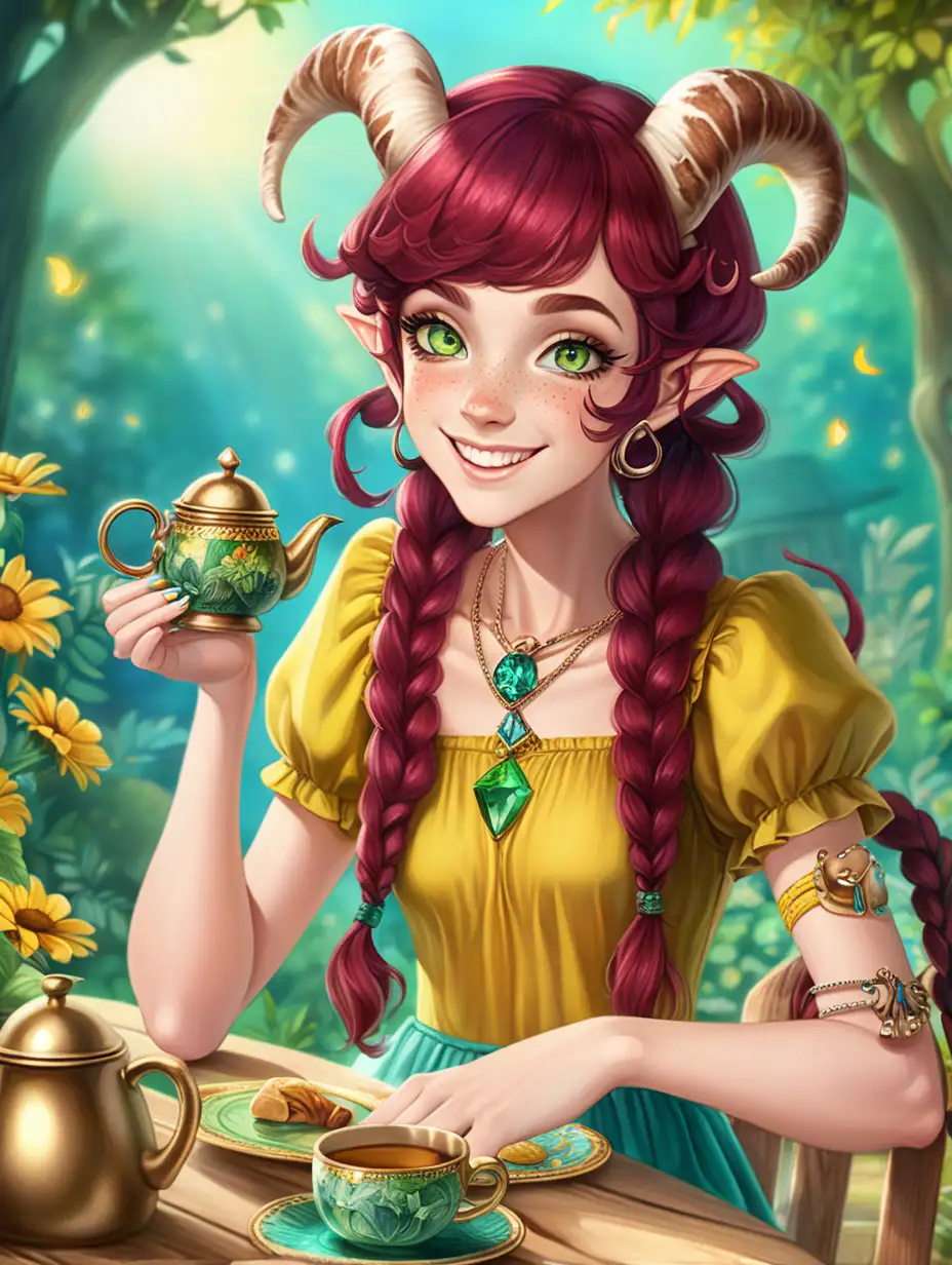 Teeta is a frivolous care free faun woman with short horns and freckled skin, her emerald green eyes gleam with her infectious smile, her burgundy colored hair is in a long braid, she loves cottage core outfits and yellows, greens, blues, and all summer colors, her golden jewelry sparkles in the sun, her yellow sun dress twirls and sways as she moves, she sits at a table offering you tea in a whimsical mushroom pattern tea pot