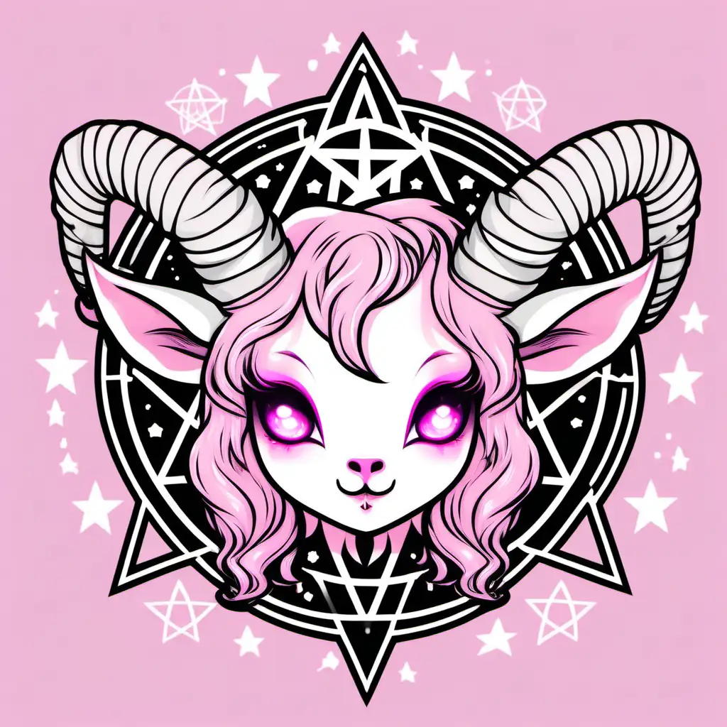 pastel pink, chibi, cute, gothic, kawaii, pastel goth, goat baphomet head,  pentagram, planchette