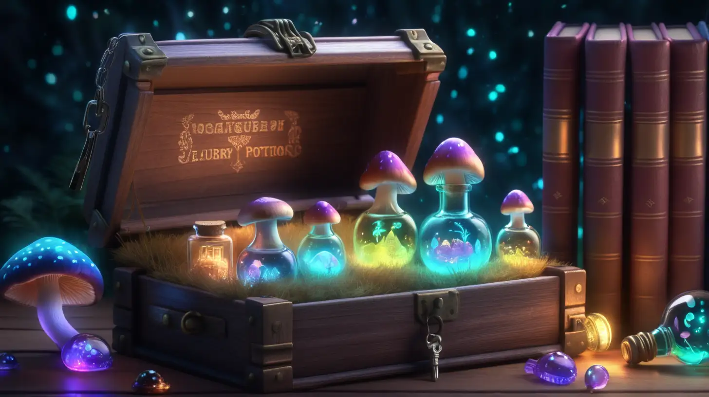 a box of glowing keys, fairytale, magical, library and glowing potions and inside the bottle are iridescent mushrooms, 8K.