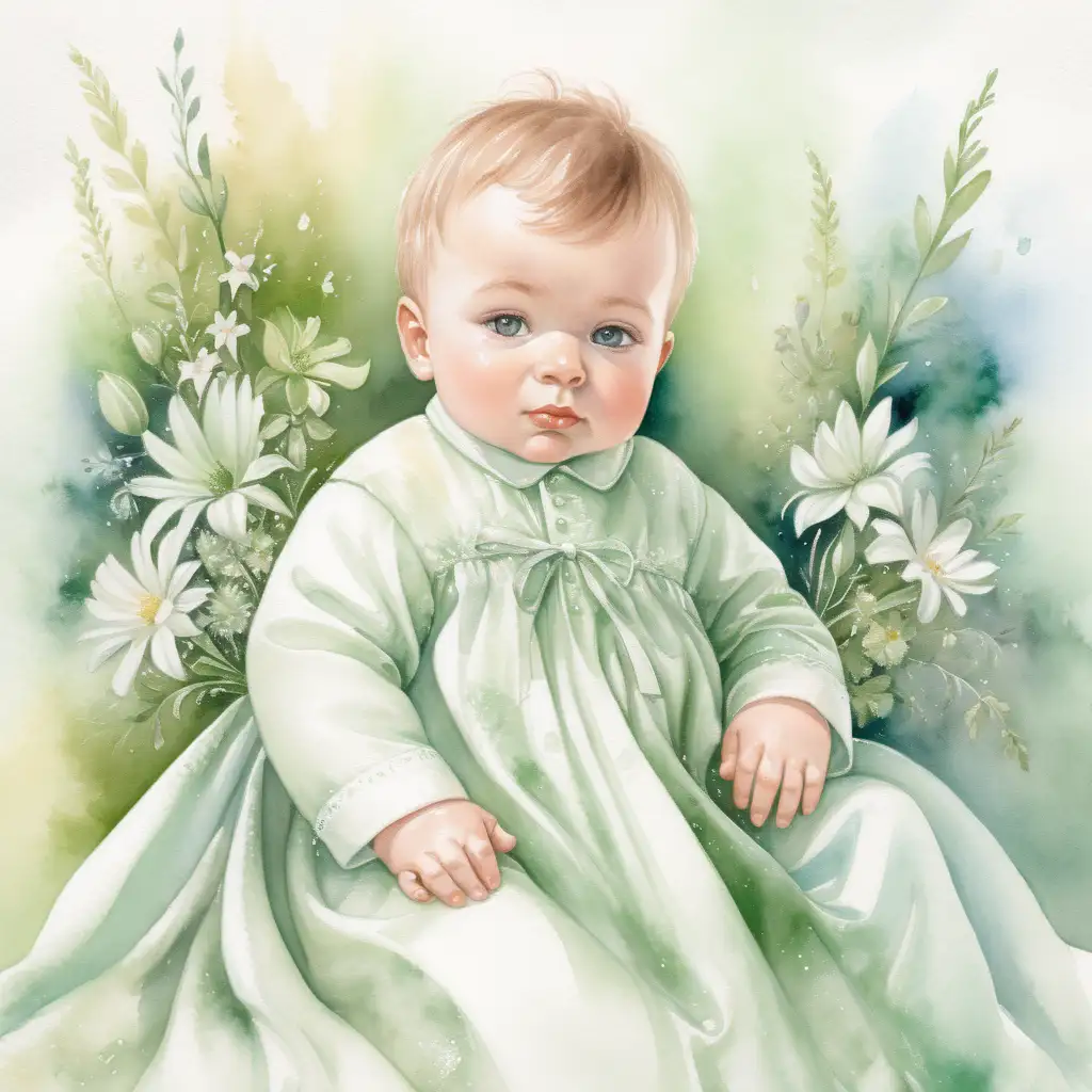 En söt liten pojk bebis I lång dopklänning I ljusgröna nyanser, med blommor vid sidan av, med vattenfärg 
