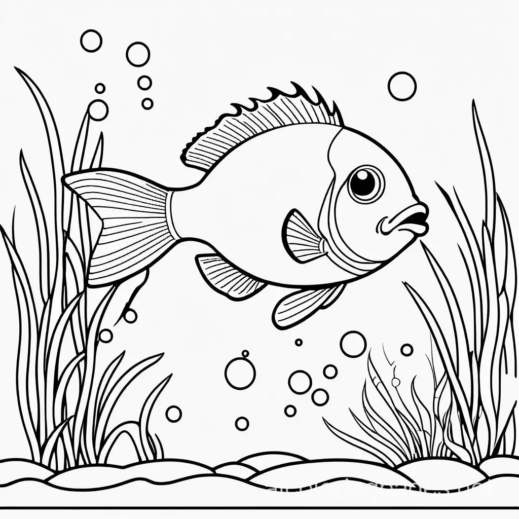 A fish in the aquarium with some algae, Coloring Page, black and white, line art, white background, Simplicity, Ample White Space. The background of the coloring page is plain white to make it easy for young children to color within the lines. The outlines of all the subjects are easy to distinguish, making it simple for kids to color without too much difficulty