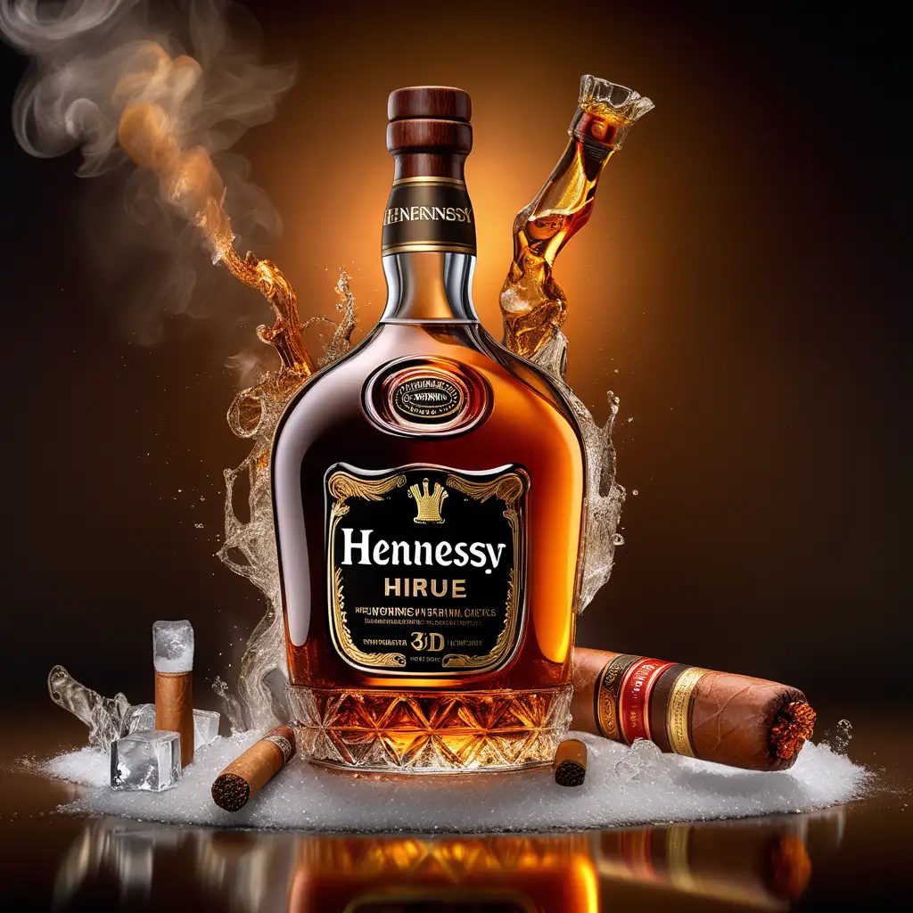 Create a 3d ultra realistic image of a bottle of Hennessy with ice cubes and heavy smoke around it add Cigars and brown and gold accents