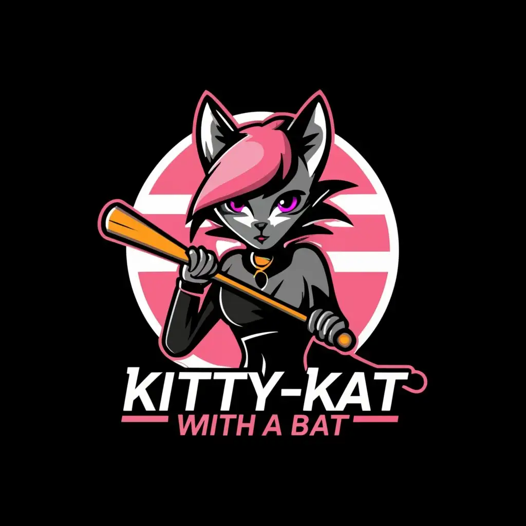 a logo design,with the text "KittyKatWithABAT", main symbol:Cat holding a base ball girly
E girl psycho,complex,be used in Internet industry,clear background