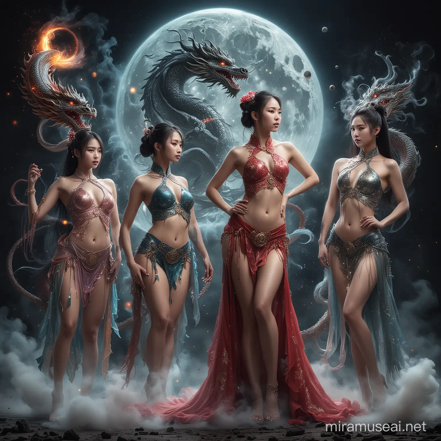 photo of young chinese half-dressed full body girls with smoky chinese dragon in background with planetary system and moon, explosion of creativity, background formed by a collage of light points, hyper realistic, colorful, high contrast, cinematic lighting, photo winning award --c 25 --style raw