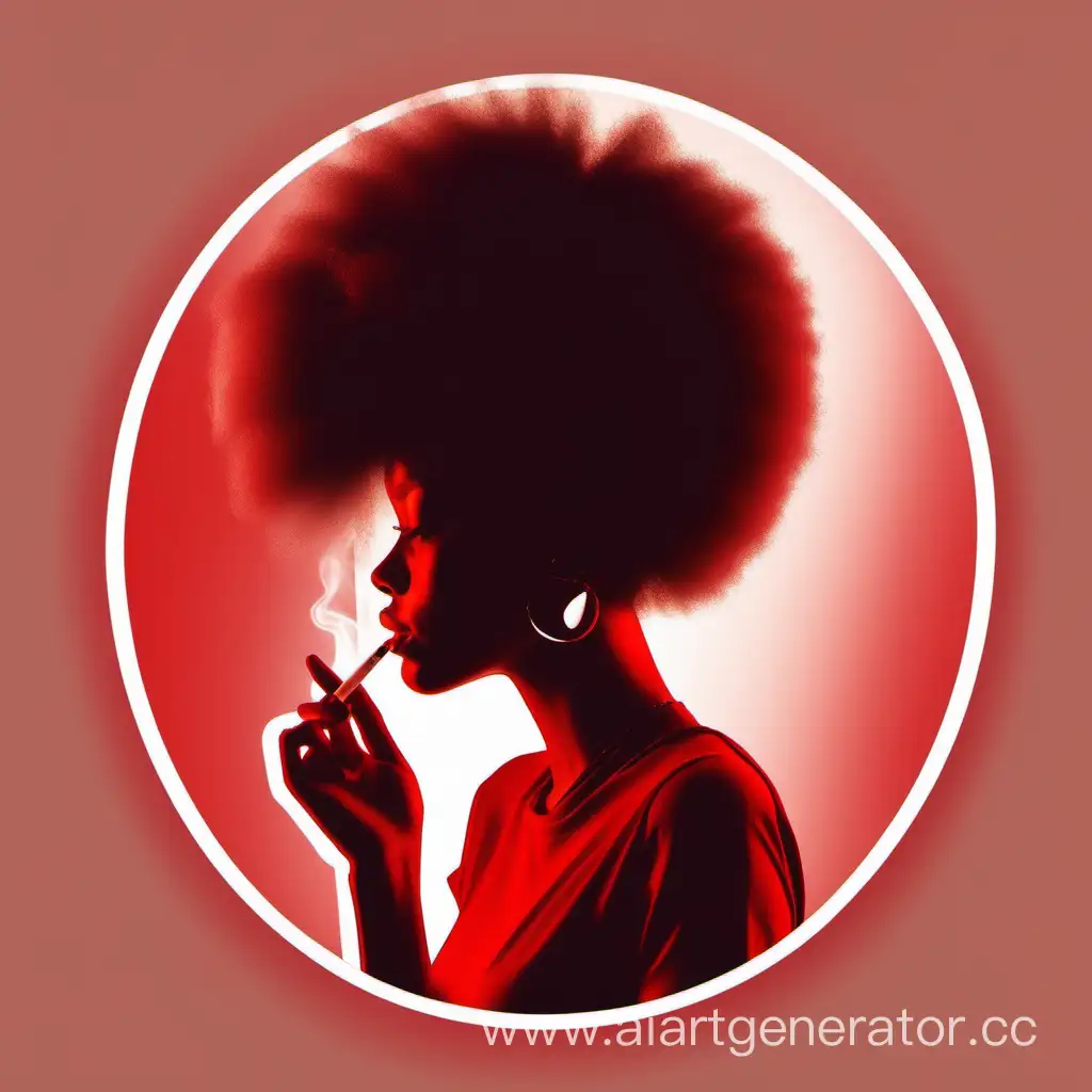 girl in profile with afro, smoking, two tones, red and transparent lights, logo style