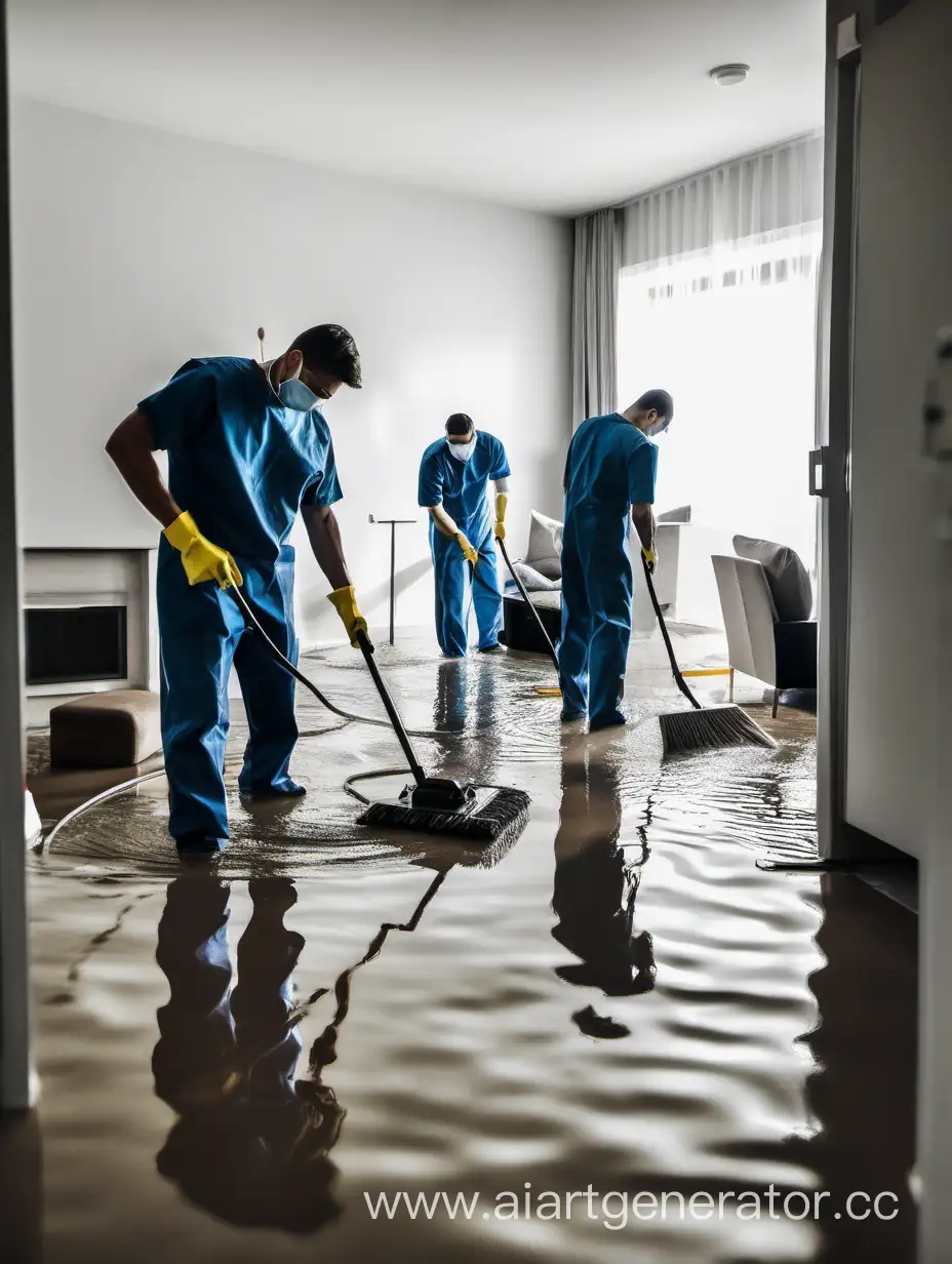 a team of cleaners cleaning an apartment after a flood