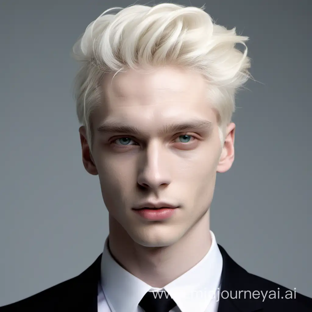 pale white skin, styled white blonde hair, young man, black suit, high cheekbones, grey eyes, sharp jaw, full lips