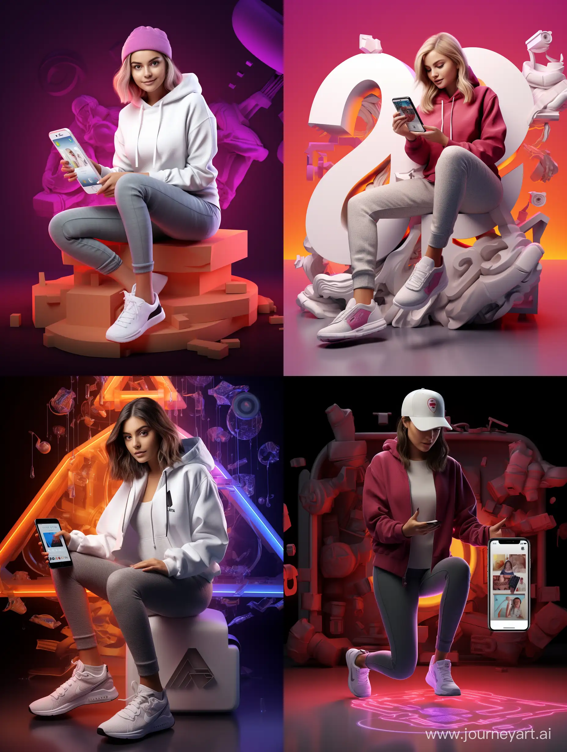 Create a 3D image featuring a realistic young 45 year old girl working on a 3D "Instagram" aw logo. The character must have a l shoe, hoodie, sneakers, the background image must display a social media profile page and the username maede and a matching profile picture and modify it.