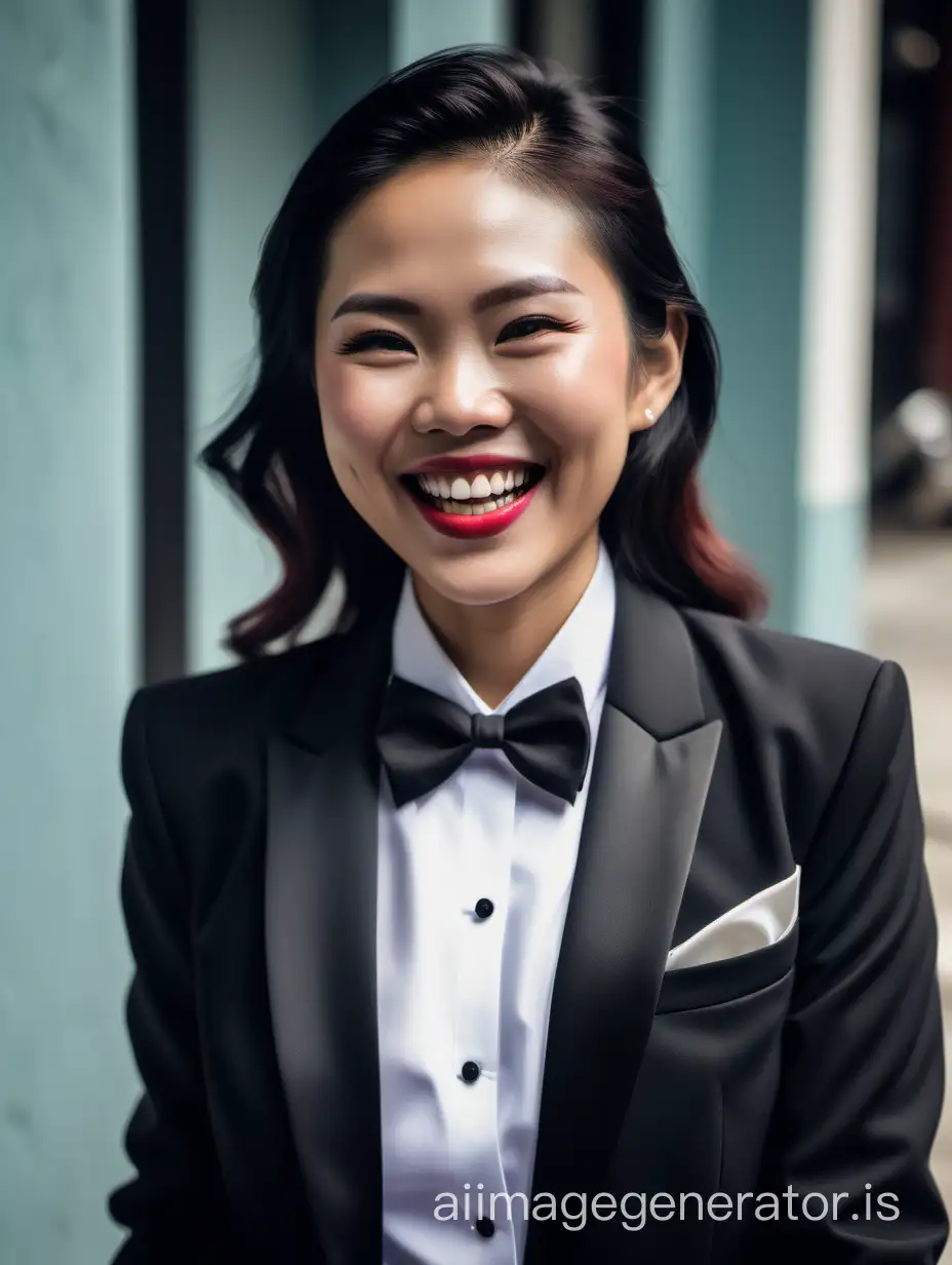 Beautiful smiing and laughing Vietnamese woman wearing a tuxedo.  Her jacket is open.  She has cufflinks.  She is wearing lipstick.