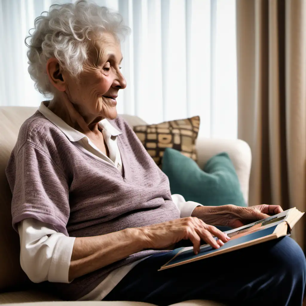 an elderly woman sitting in her living room with a audio photo album on her lap. We se the woman from a side view so that the album is visible.