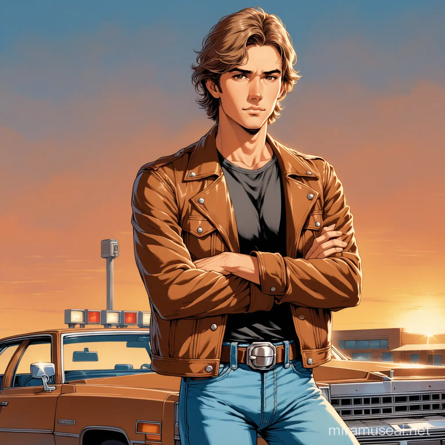 A very handsome American from Texas semi-realism art-style man in almost semi-anime-like, late thirty, typical 1980s clothes, brown leather jacket, faded blue jeans, dark t-shirt, brown eyes, very short light brown with one gray lock hair, revolver tucked in holster. Standing, crossed arms on chest, at a gas station/dinner in summer 1980s Texas.