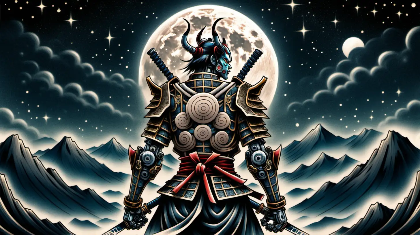 a robotic samurai, with a Japanese demon tattoo on his back, and a full moon in front of him, in the middle of the mountain, and stars in the sky