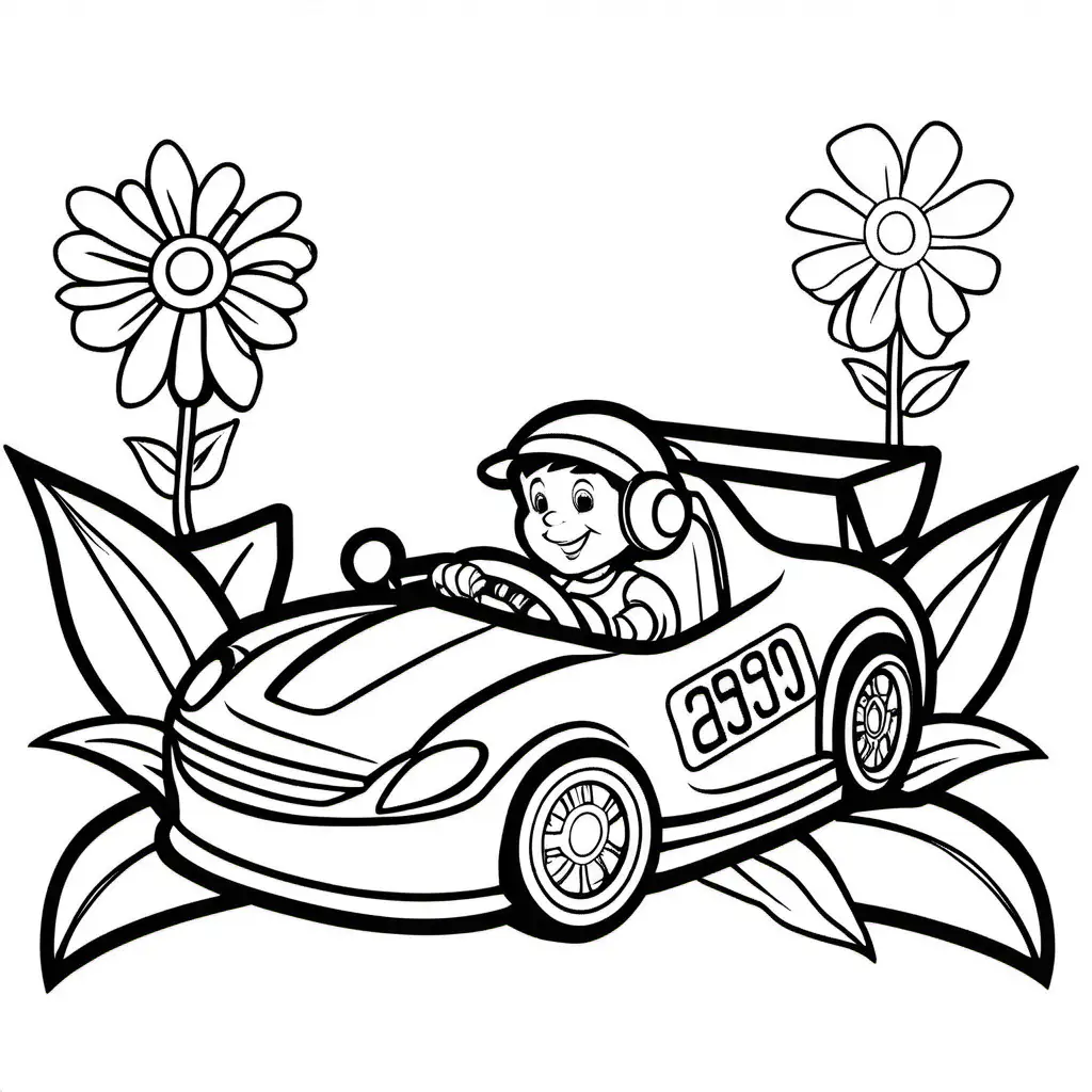 a cheerful race car with a flower design and a smiling driver, Coloring Page, black and white, line art, white background, Simplicity, Ample White Space. The background of the coloring page is plain white to make it easy for young children to color within the lines. The outlines of all the subjects are easy to distinguish, making it simple for kids to color without too much difficulty