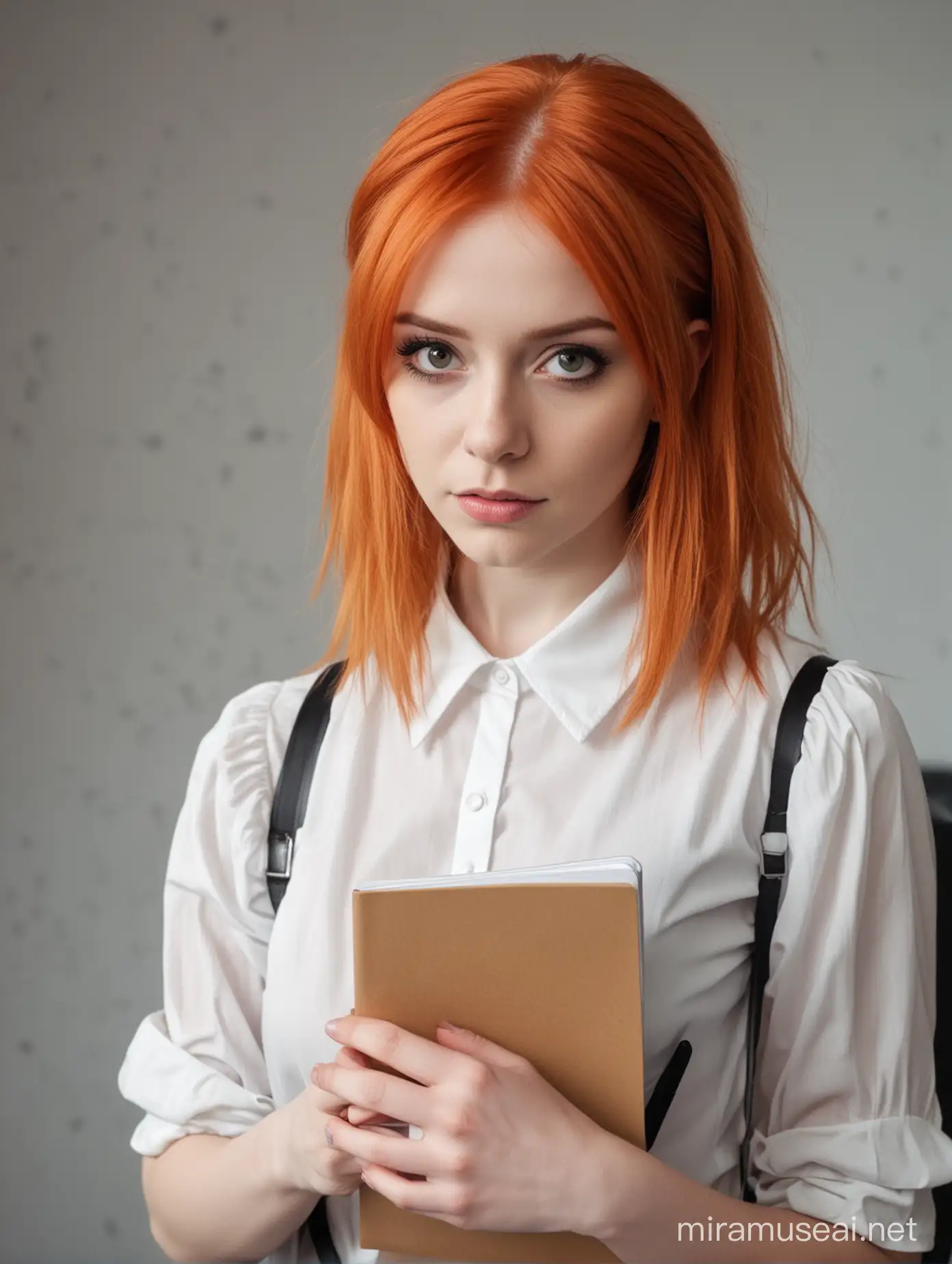 страшная девушка, бледно-рыжие волосы, стоит на фоне офиса, в руках блокнот
