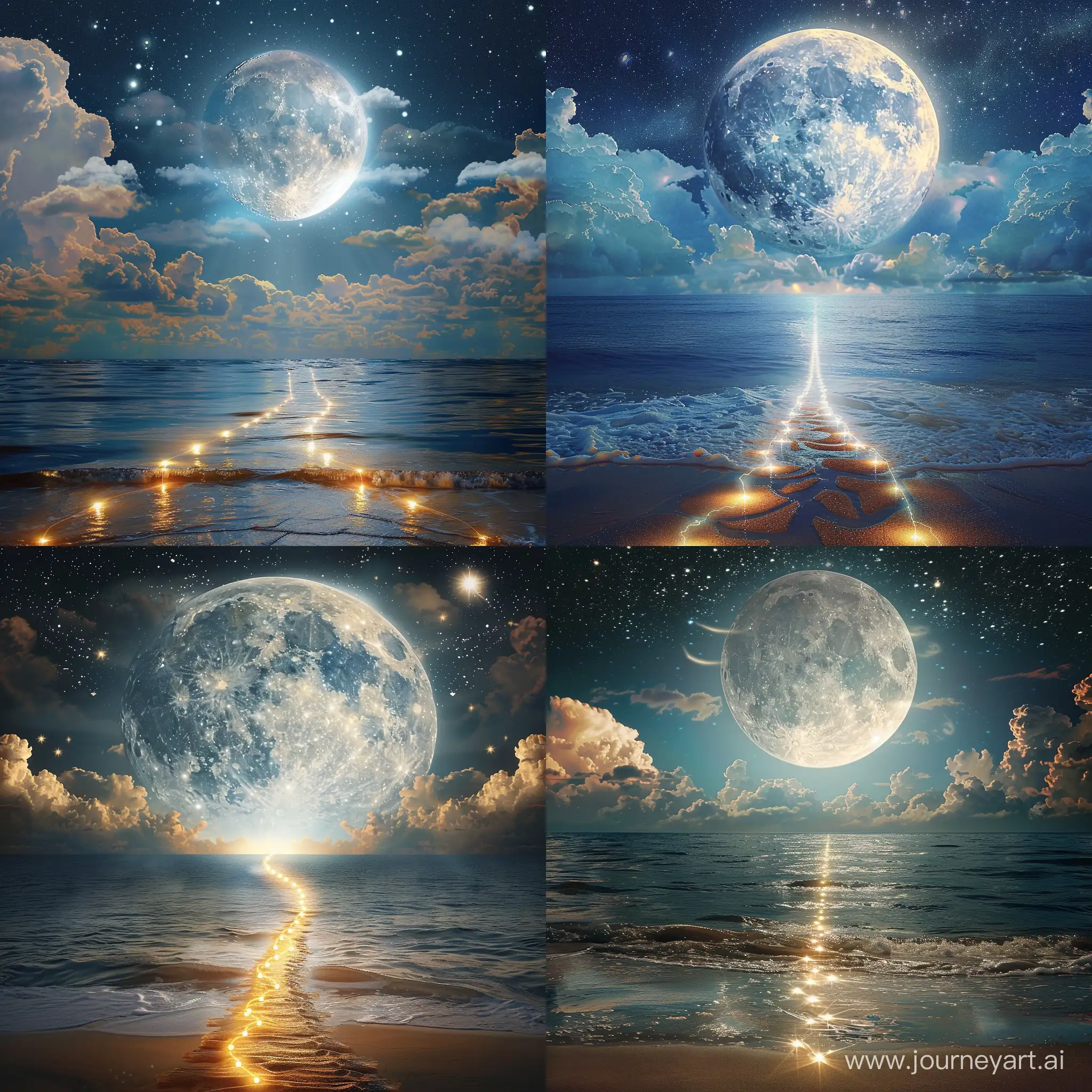 Majestic-Moonlit-Seascape-with-Starry-Sky-and-Illuminated-Path-to-Sandy-Shore