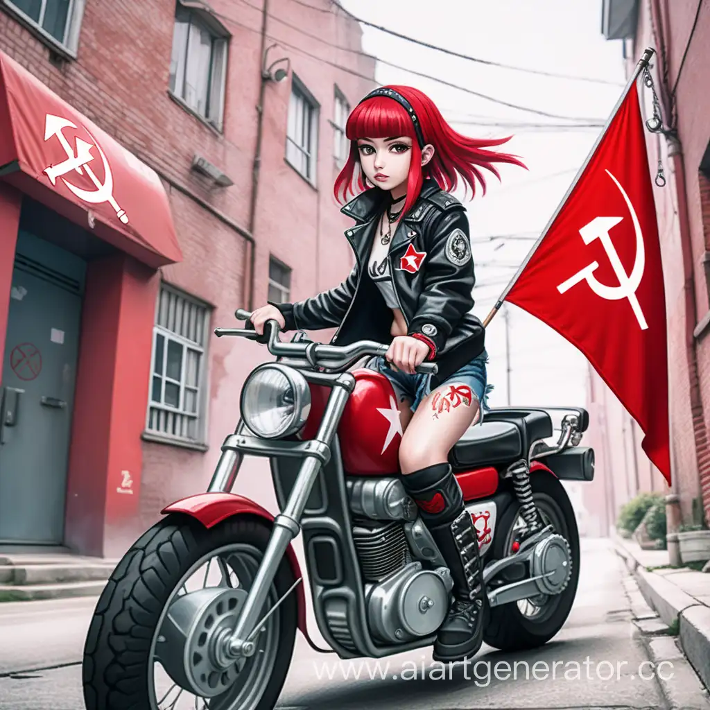 anime punk communist girl on a street with a motorcycle with anarchy sybol. art style like 90s anime. Hammer and sickle on a flag
