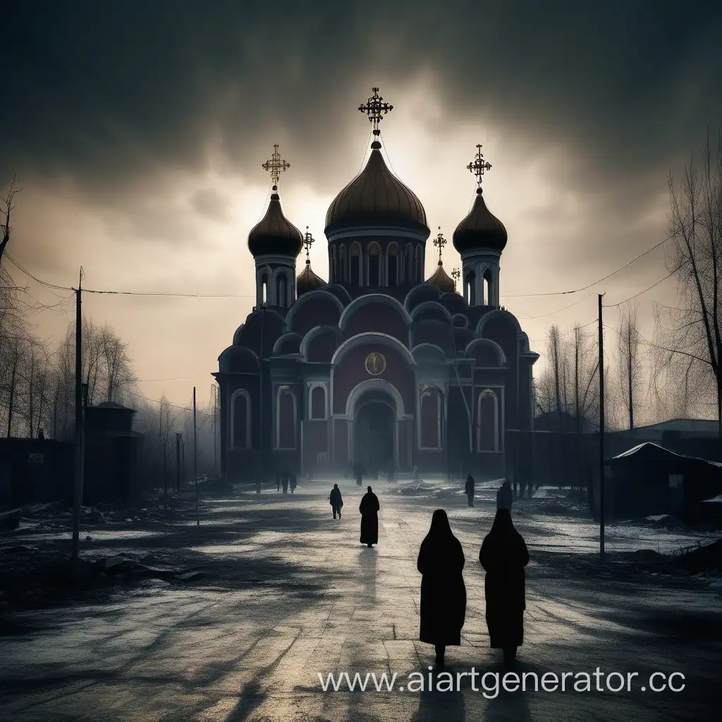 Православный собор на фоне апокалиптического пейзажа, около врат стоят неразборчивые силуэты людей