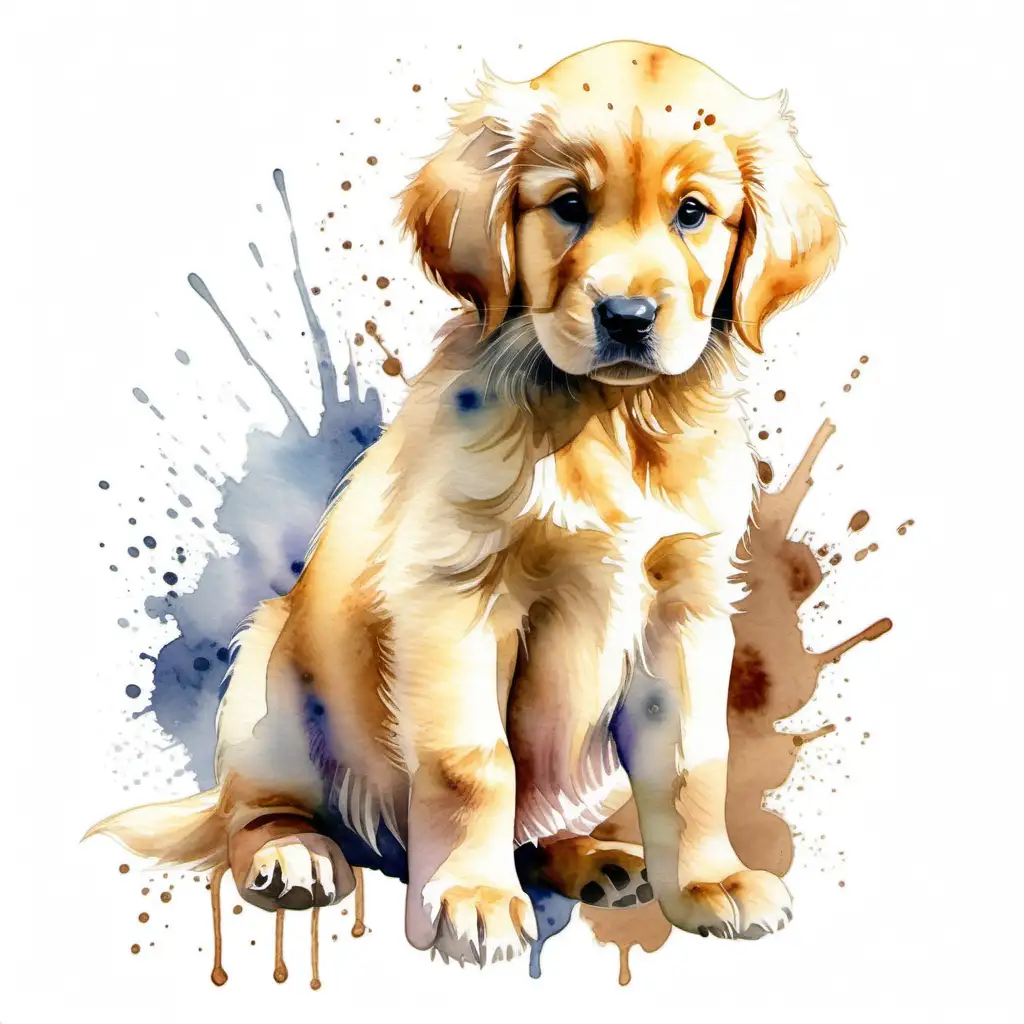 Adorable FullBody Watercolor Painting of a Golden Retriever Puppy