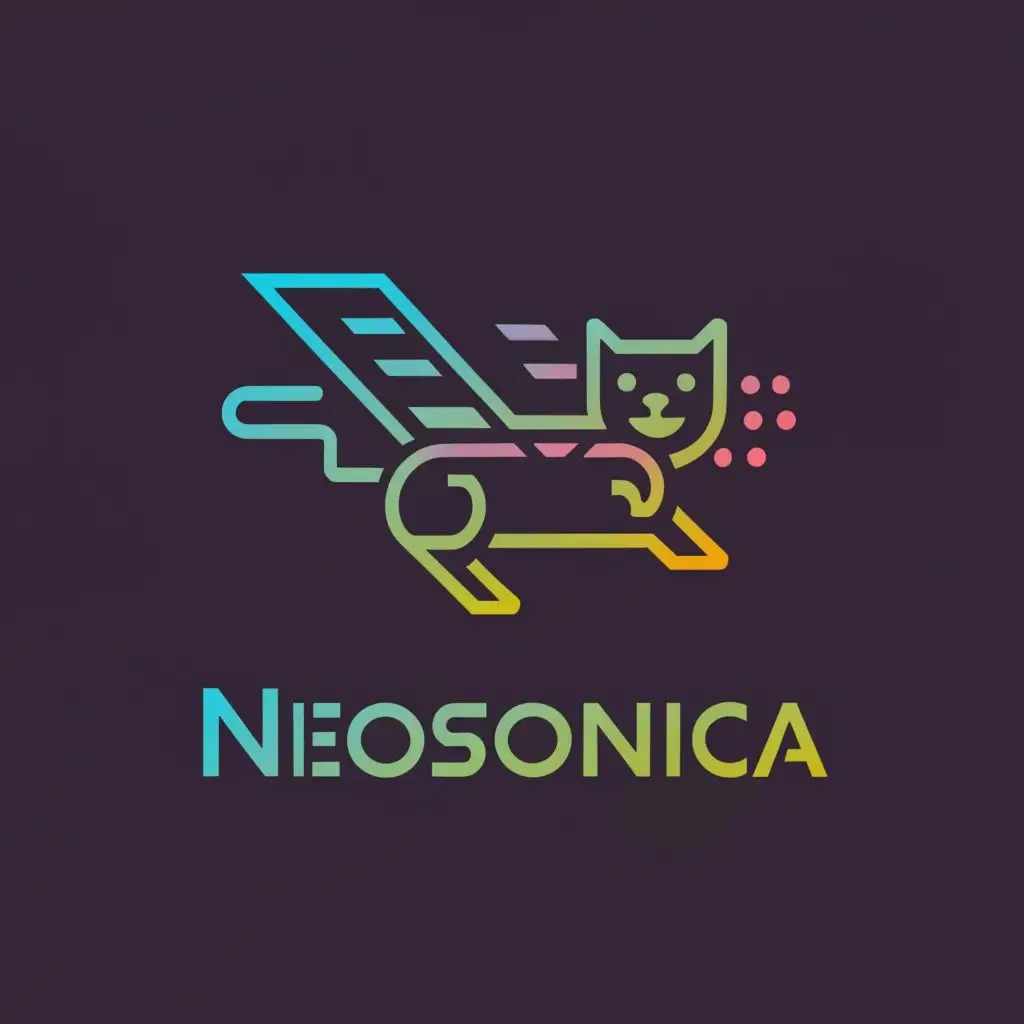 logo, high tech flying cat, with the text "neosonica", typography