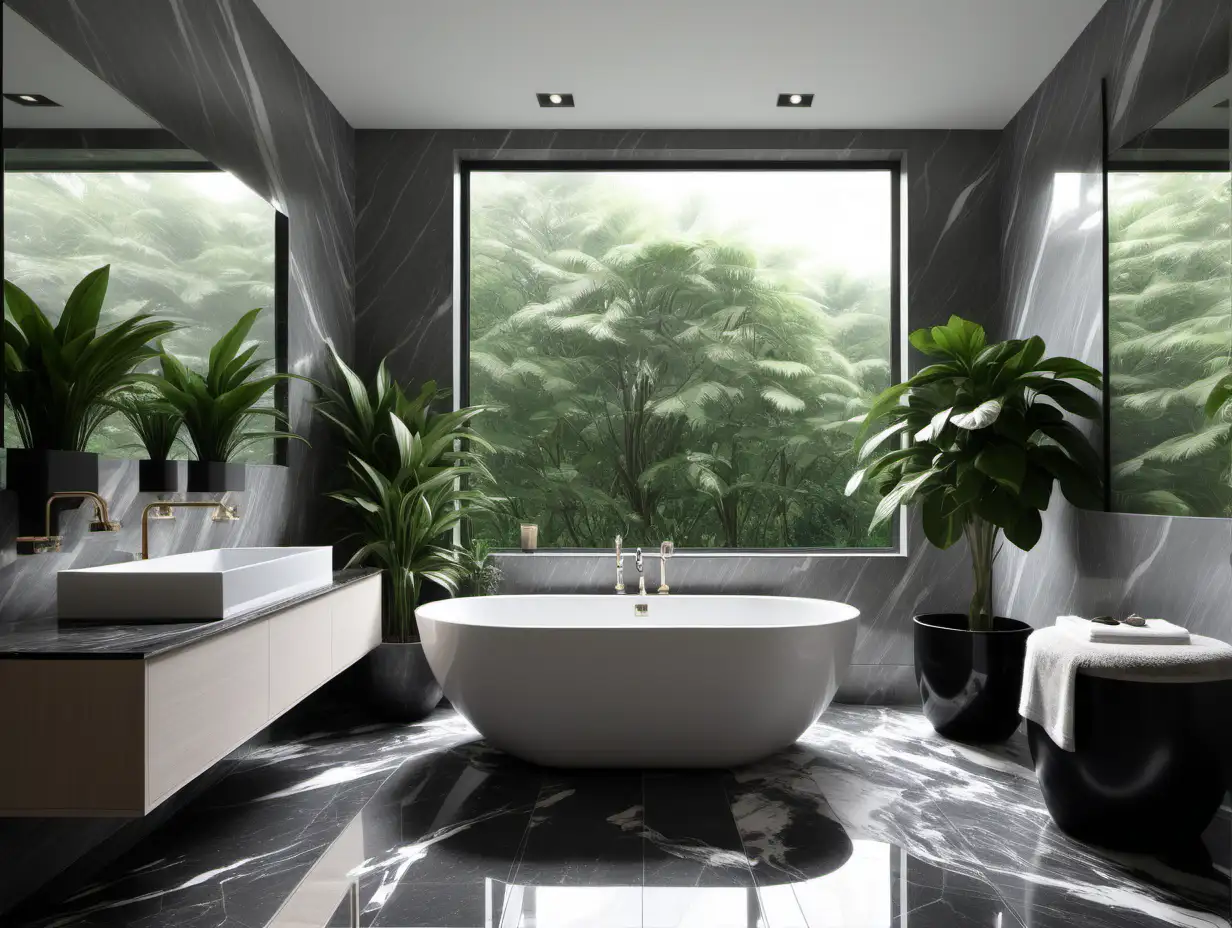 Ein Badezimmer mit großer hellgrauer Wand komplett mit Fliesen, neben der Badewanne stehen Topfpflanzen, der Fußboden besteht aus dunklem Marmor, die Möbel sind hellgrau, mit Fensterfront im Hintergrund mit Blick nach draußen in die Natur