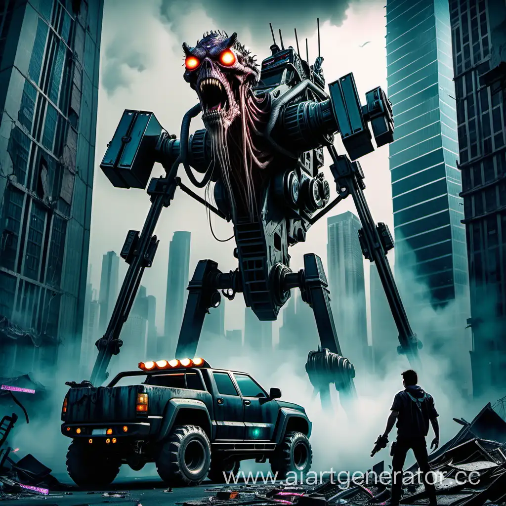 Urban-Warfare-European-Warrior-Battles-Gigantic-Monster-with-Minigun-in-Cyberpunk-City