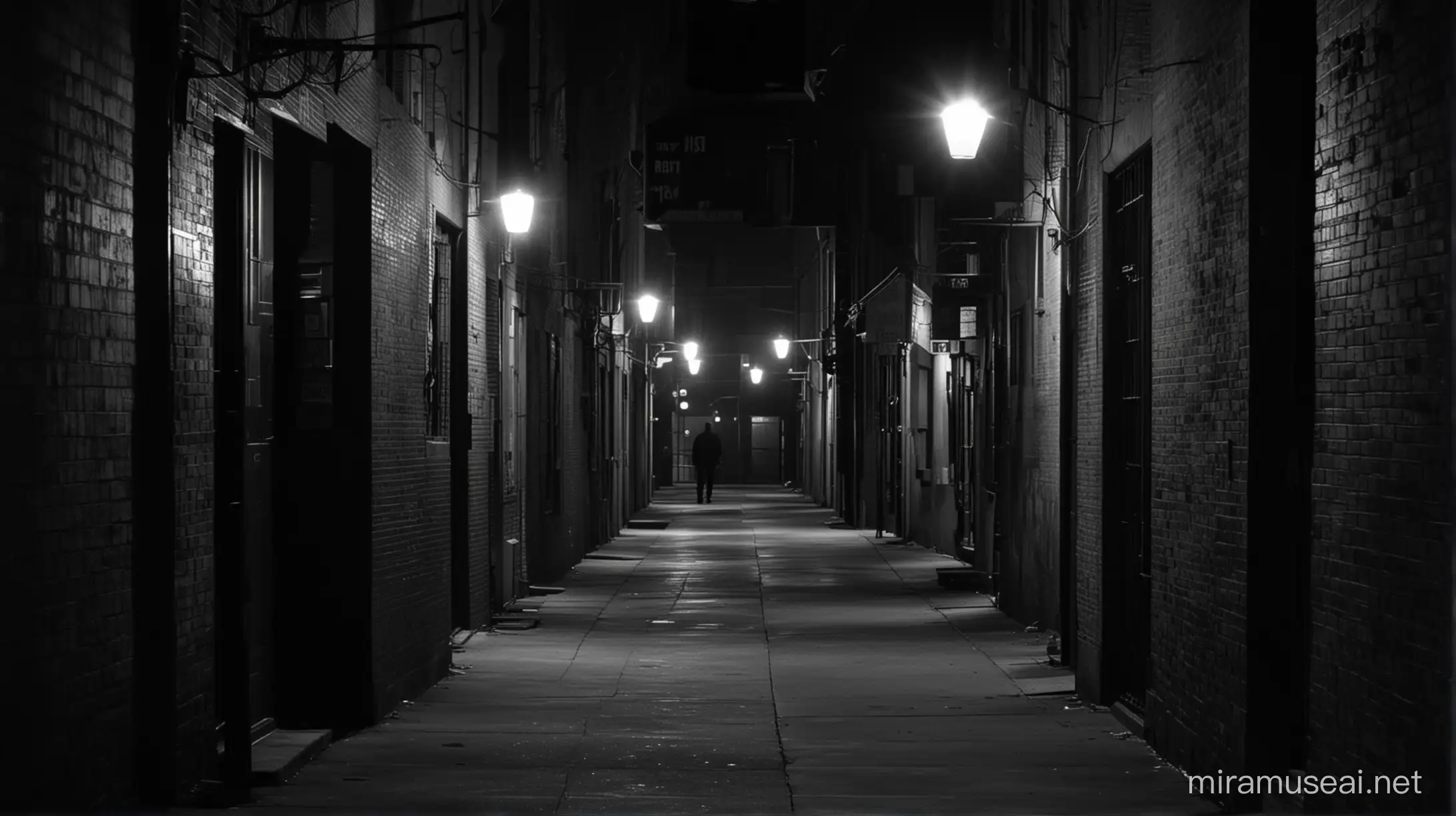 Shot of a long, empty, dimly lit alley, shot in 1950's film noir style.