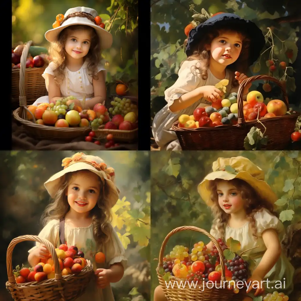 маленькая девочка в шляпе держит корзину с фруктами в саду