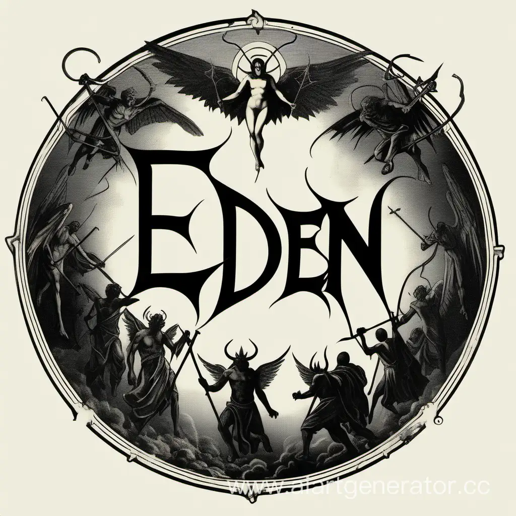 Minimalistic Gang named "Eden" logo, angels, demons, fight, Lucifer, Belial, Azazel, inspired by Gustave Dore 