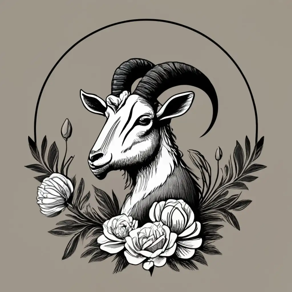 black and white logo, simple linework, whimsical and studious goat head with two short horns within a circular floral frame with peonies with a modern vintage vibe, white background, no color, be used in Retail industry